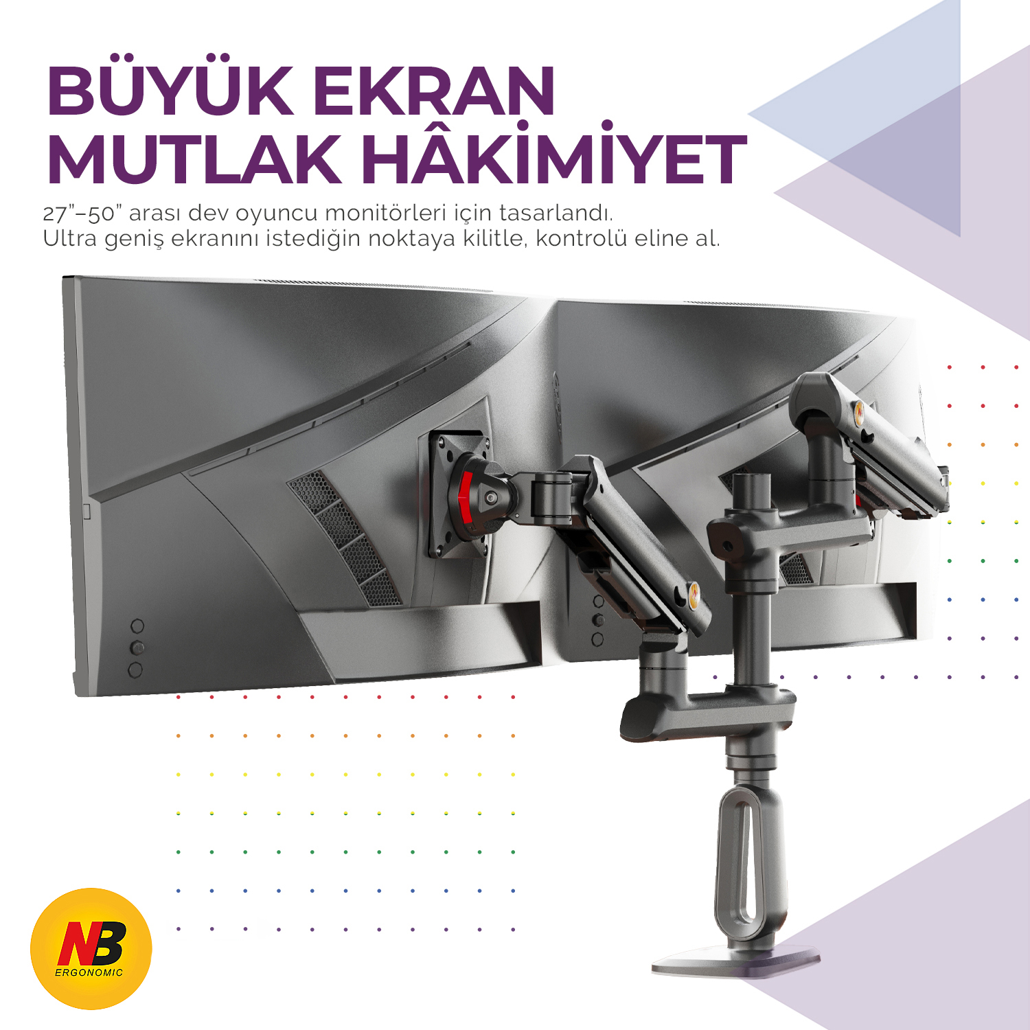 Çift monitör kolu, gri modern bir ortamda iki büyük bilgisayar monitörünü tutar.