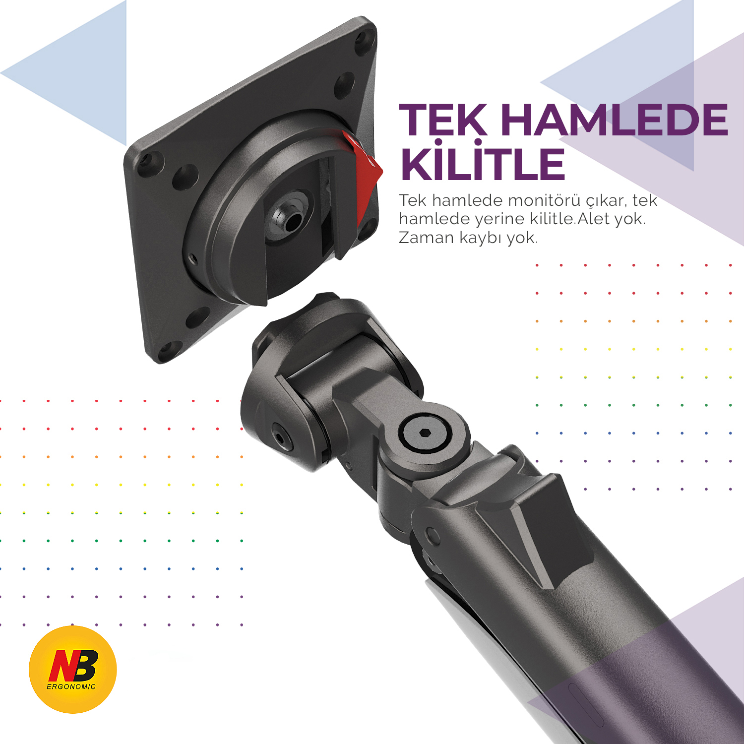 Hızlı kilit mekanizmalı gri monitör kolu, kırmızı mandallı. NB ERGONOMIC logosu.