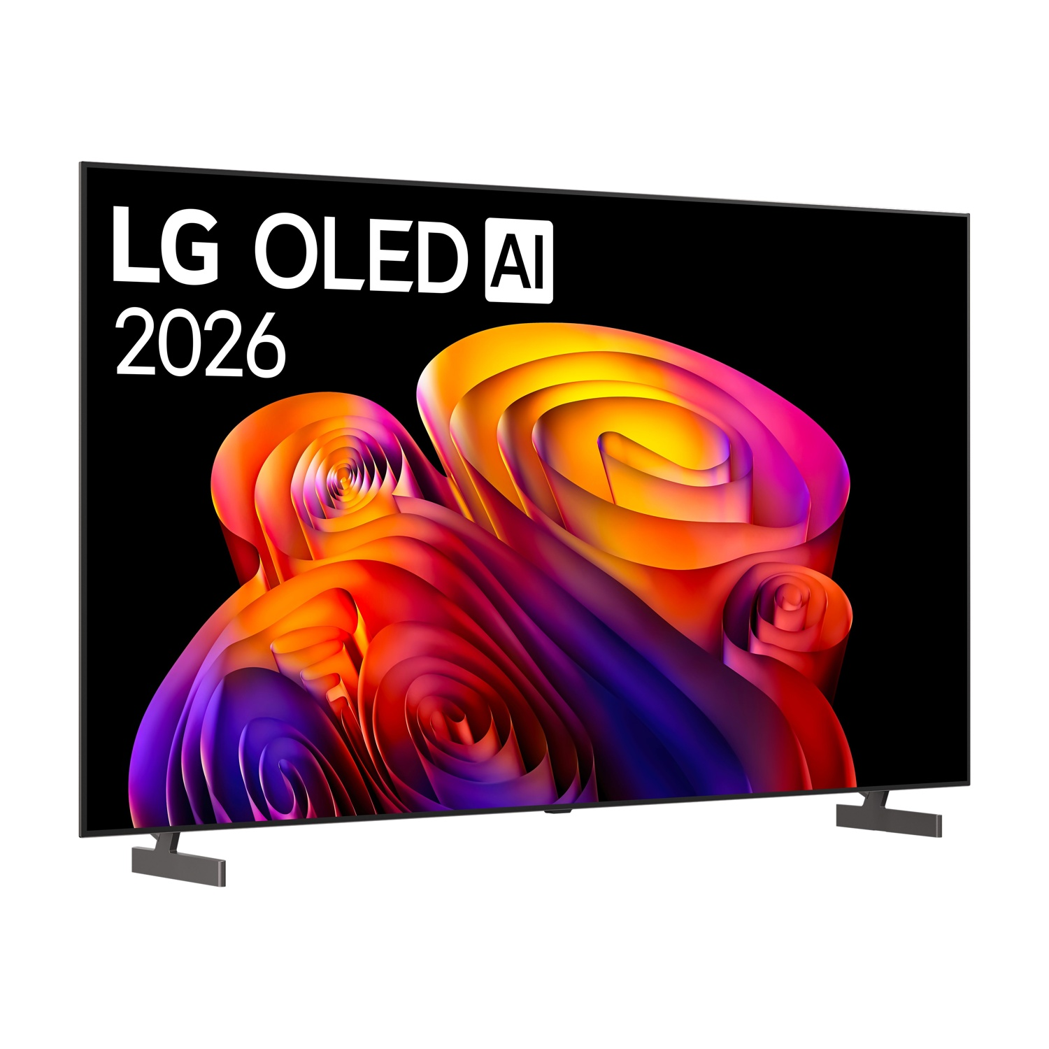 Televisore LG OLED AI 2026 con un motivo vibrante e vorticoso.