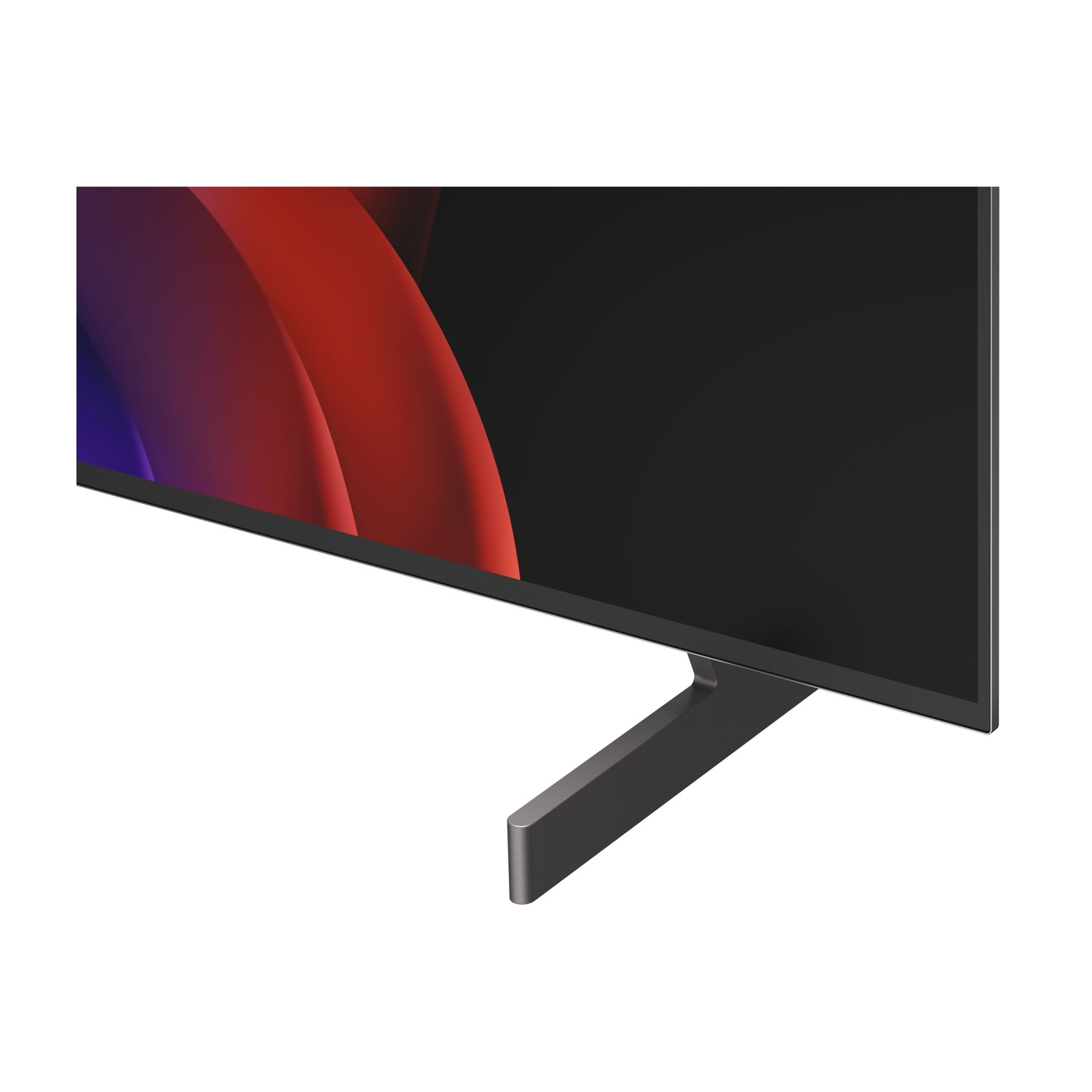 Uno schermo TV moderno mostra forme astratte rosse e blu. Un supporto grigio scuro lo sorregge.