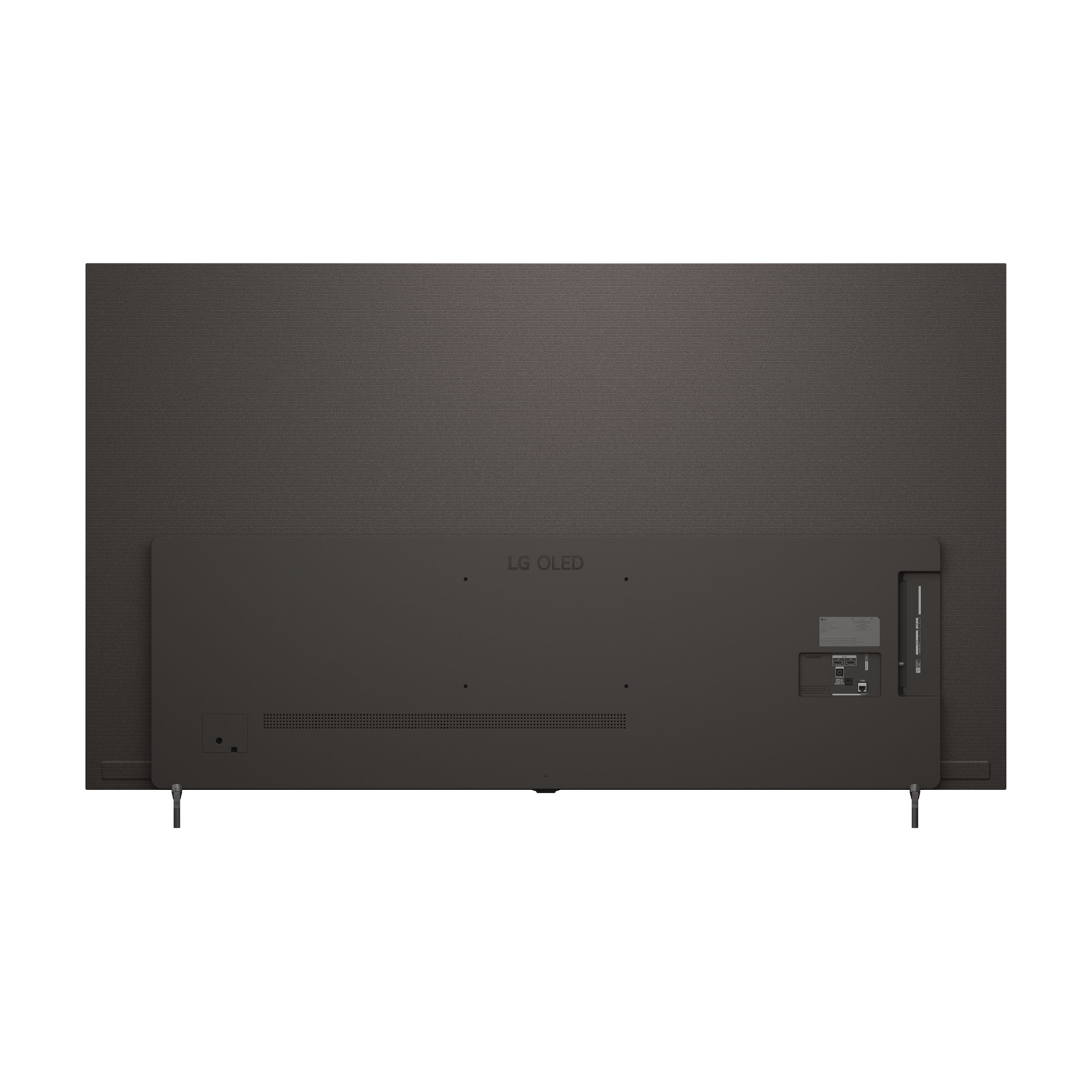 Retro di un TV LG OLED scuro con porte e griglia altoparlanti.