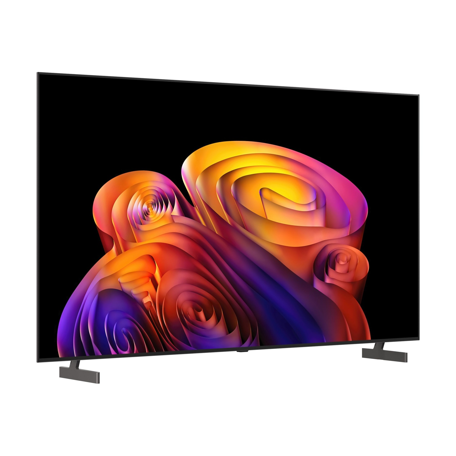 Una TV moderna mostra una vibrante immagine astratta con colori vorticosi di arancione, viola e giallo.