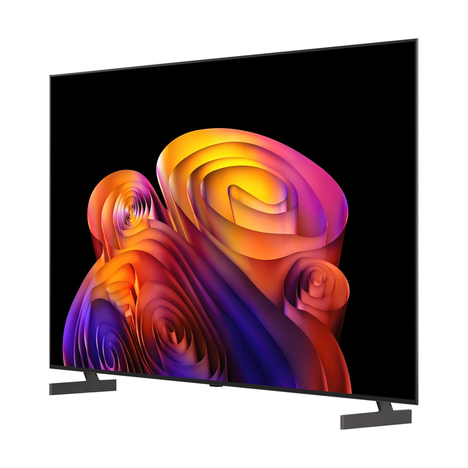 Una moderna TV nera mostra un vibrante vortice astratto di colori arancioni, gialli e viola.