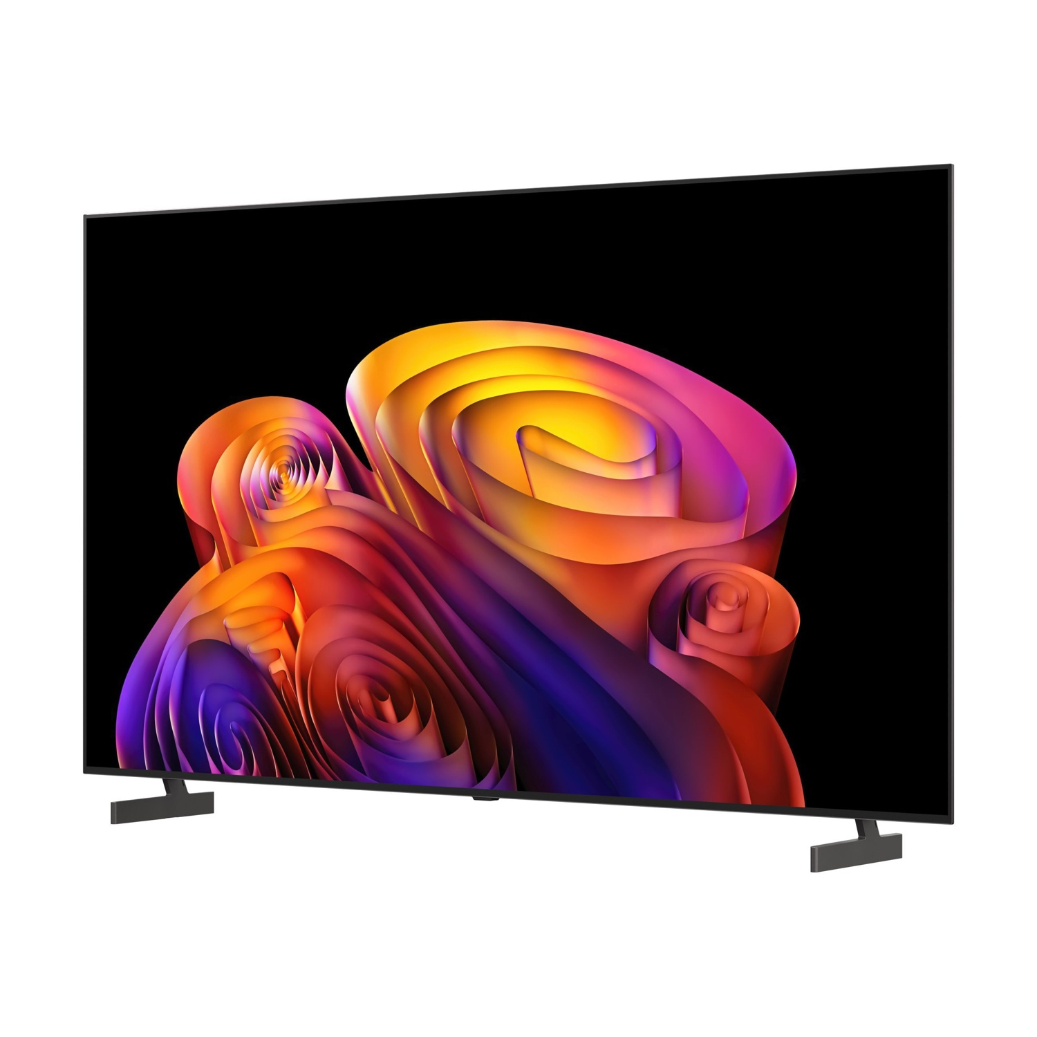 Una TV moderna a schermo piatto mostra un vortice astratto colorato su sfondo nero.