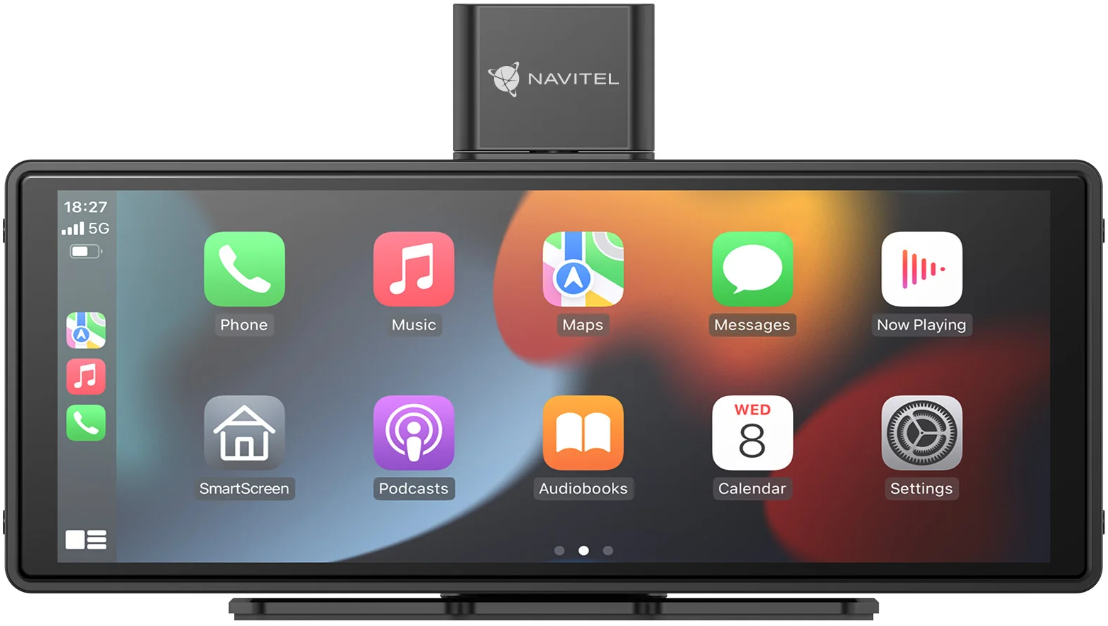 Navitel eszköz érintőképernyővel, telefon, zene, térkép, üzenetek, naptár ikonokkal.
