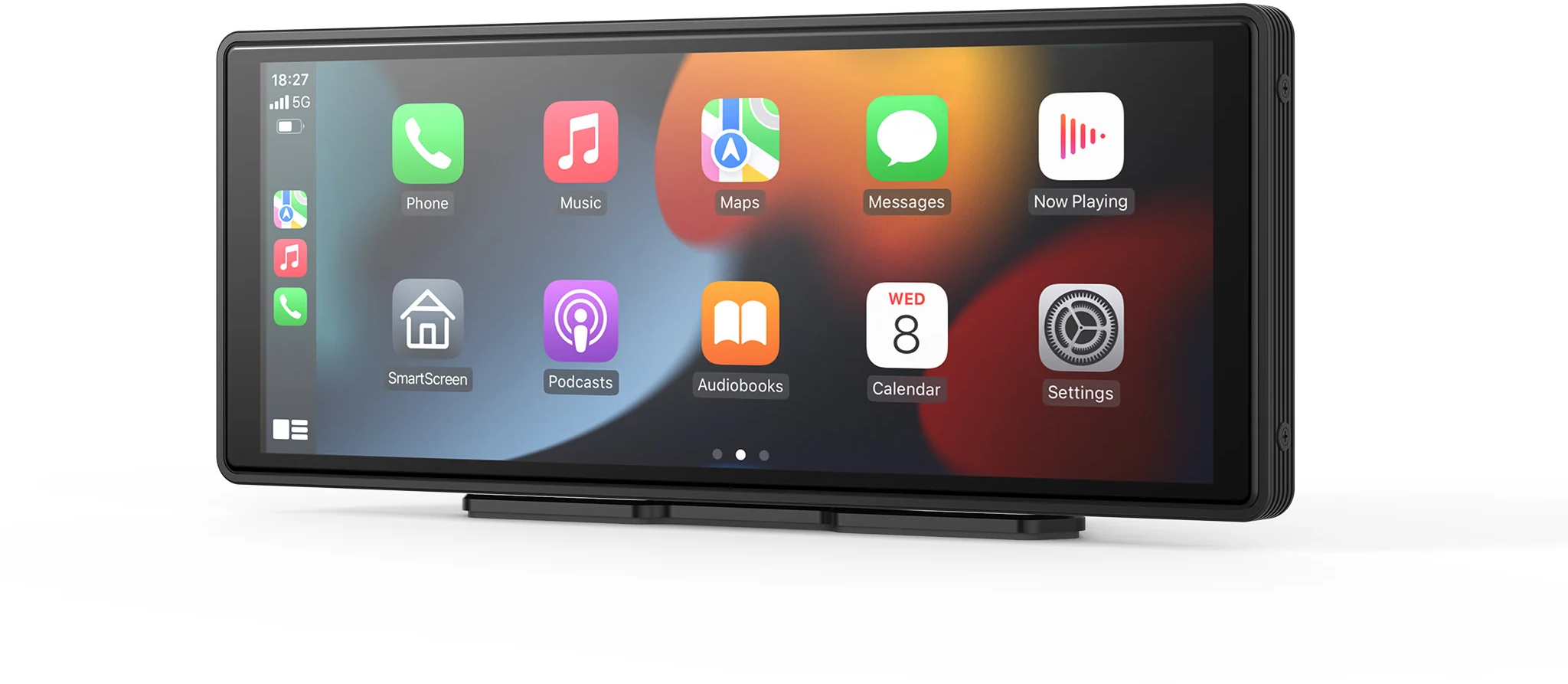 Autós infotainment képernyőn app ikonok: Telefon, Zene, Térképek, Üzenetek, Jelenleg játszott, SmartScreen, Podcastok, Hangoskönyvek, Naptár, Beállítások.