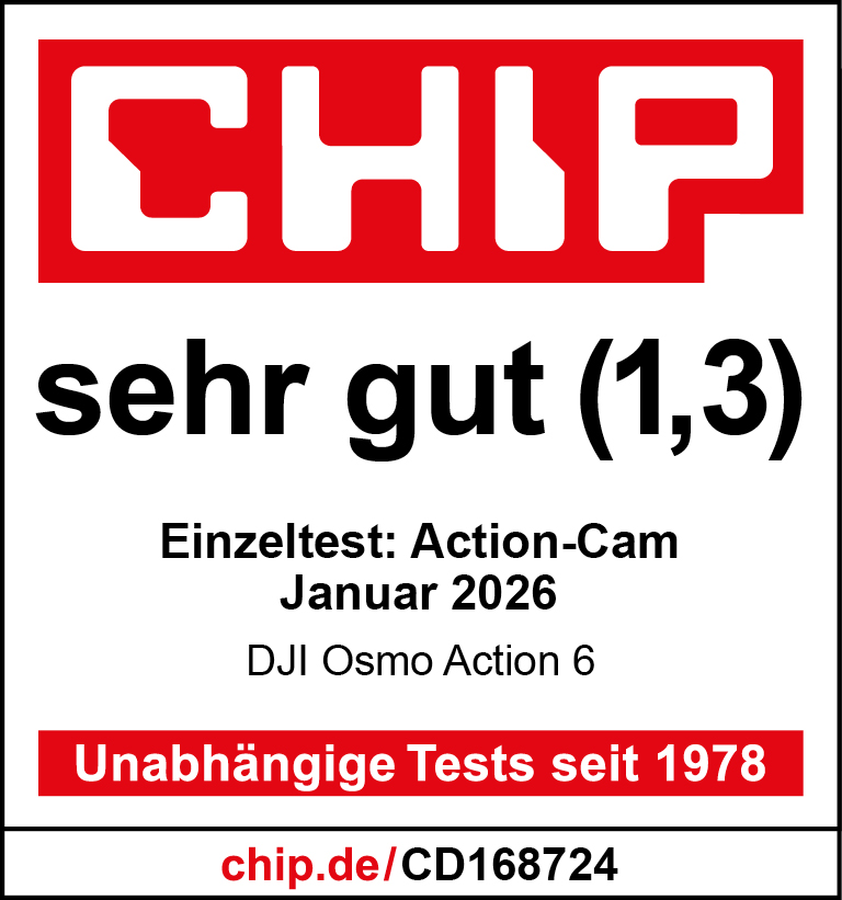 CHIP Logo, 'sehr gut (1,3)' Bewertung, Action-Cam Test, Jan 2026, DJI Osmo Action 6.