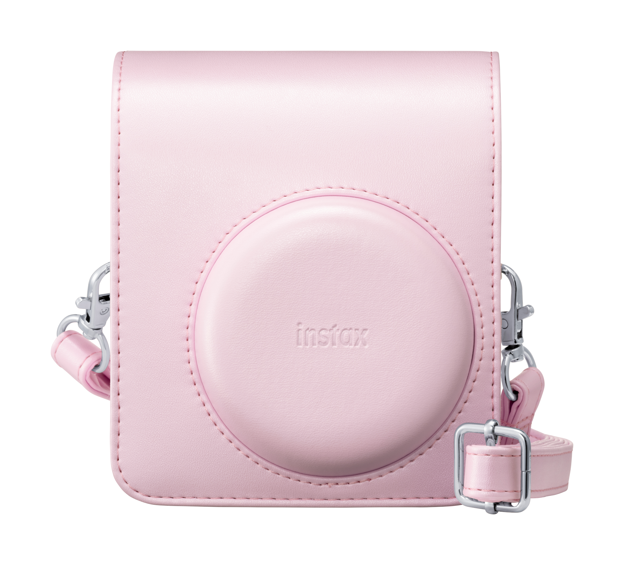 Világos rózsaszín kameratáska "instax" logóval és vállpánttal.