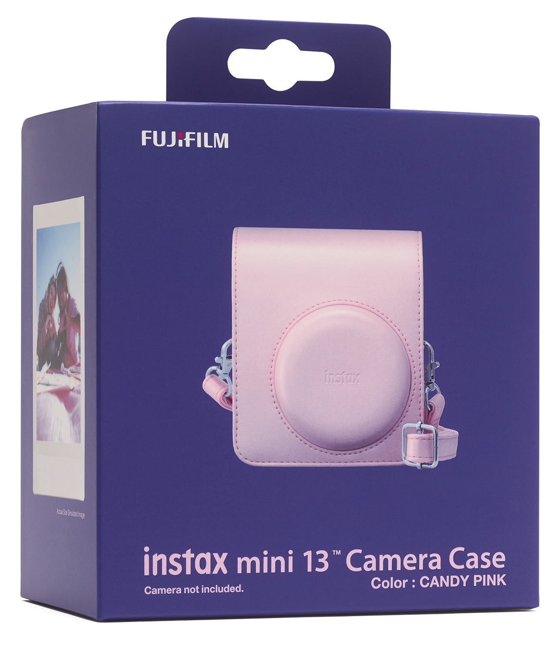 Egy rózsaszín Fujifilm Instax Mini 13 fényképezőgép tok csomagolása.