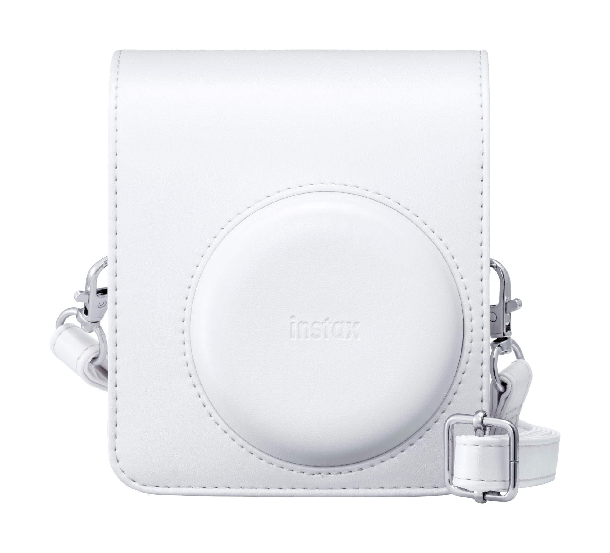 Fehér bőr kameratartó "instax" logóval és ezüst szerelvényekkel.