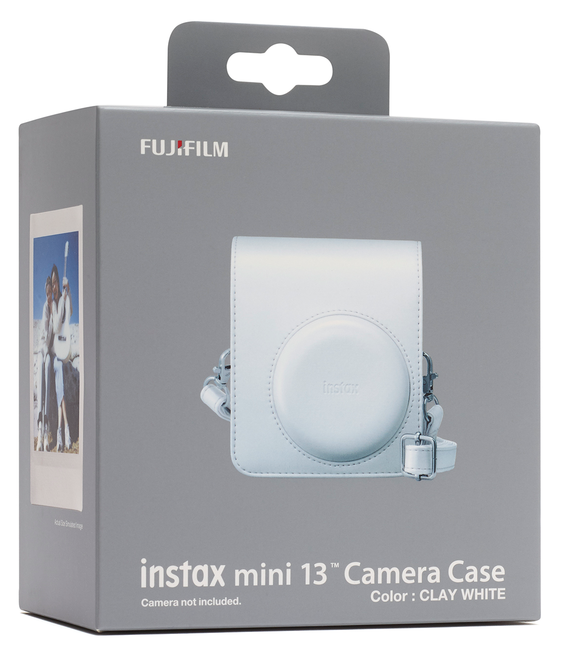 Fujifilm Instax Mini 13 kameratáska agyagfehér színben, pánttal. Doboz termékképet mutat.