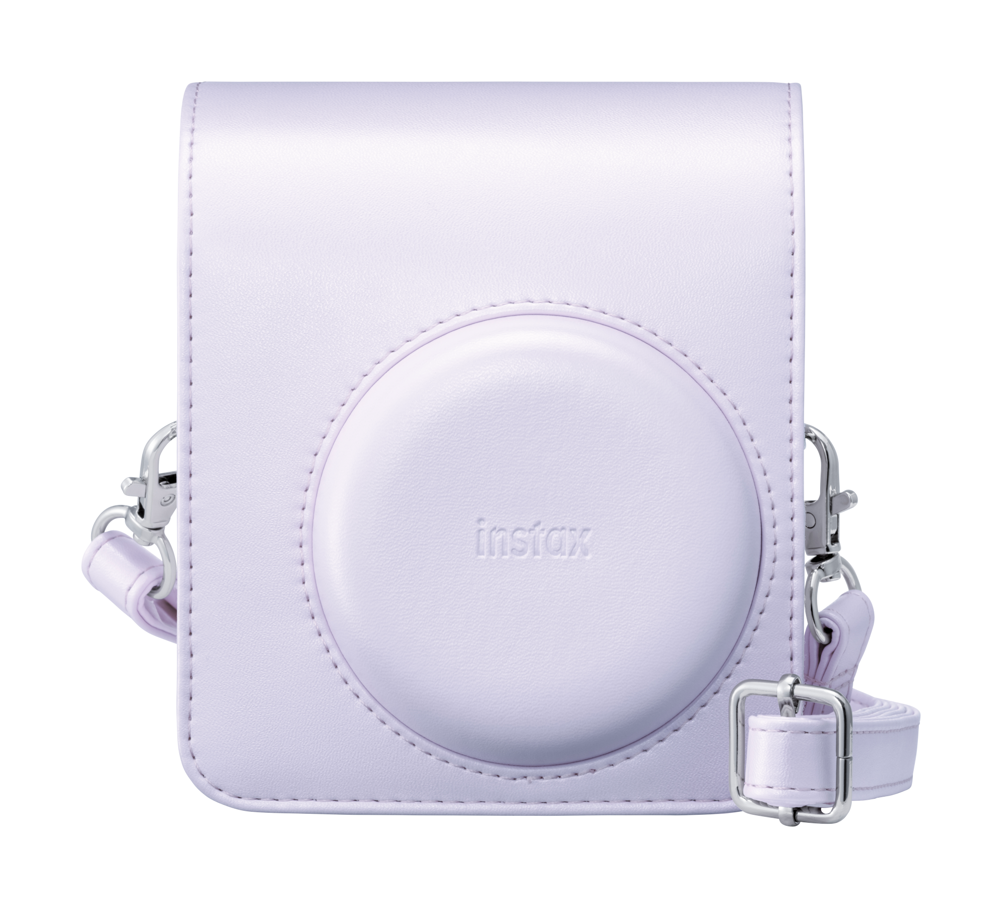 Egy levendula színű Instax kamera tok bőrből, pánttal és ezüst hardverrel.