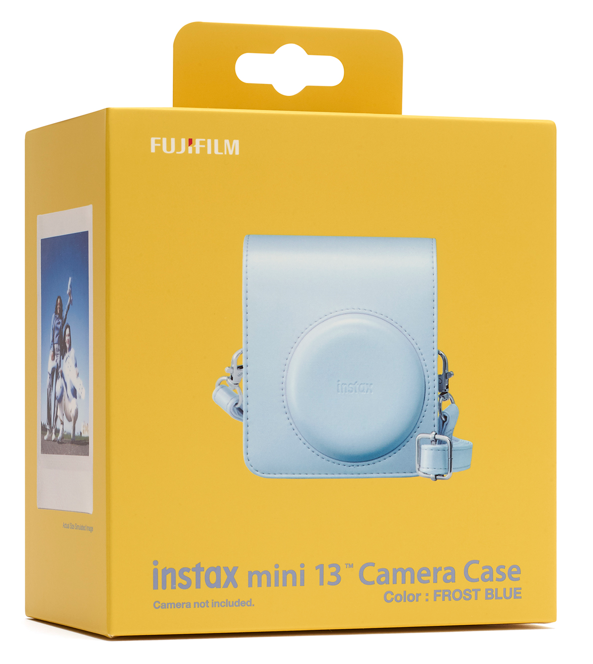 Sárga Fujifilm doboz világoskék kameratáskával.