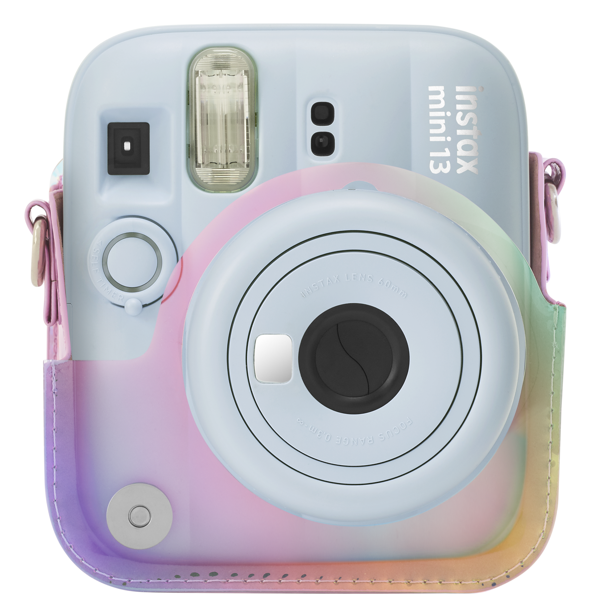 Világoskék Instax Mini 13 kamera színes szivárvány tokkal.