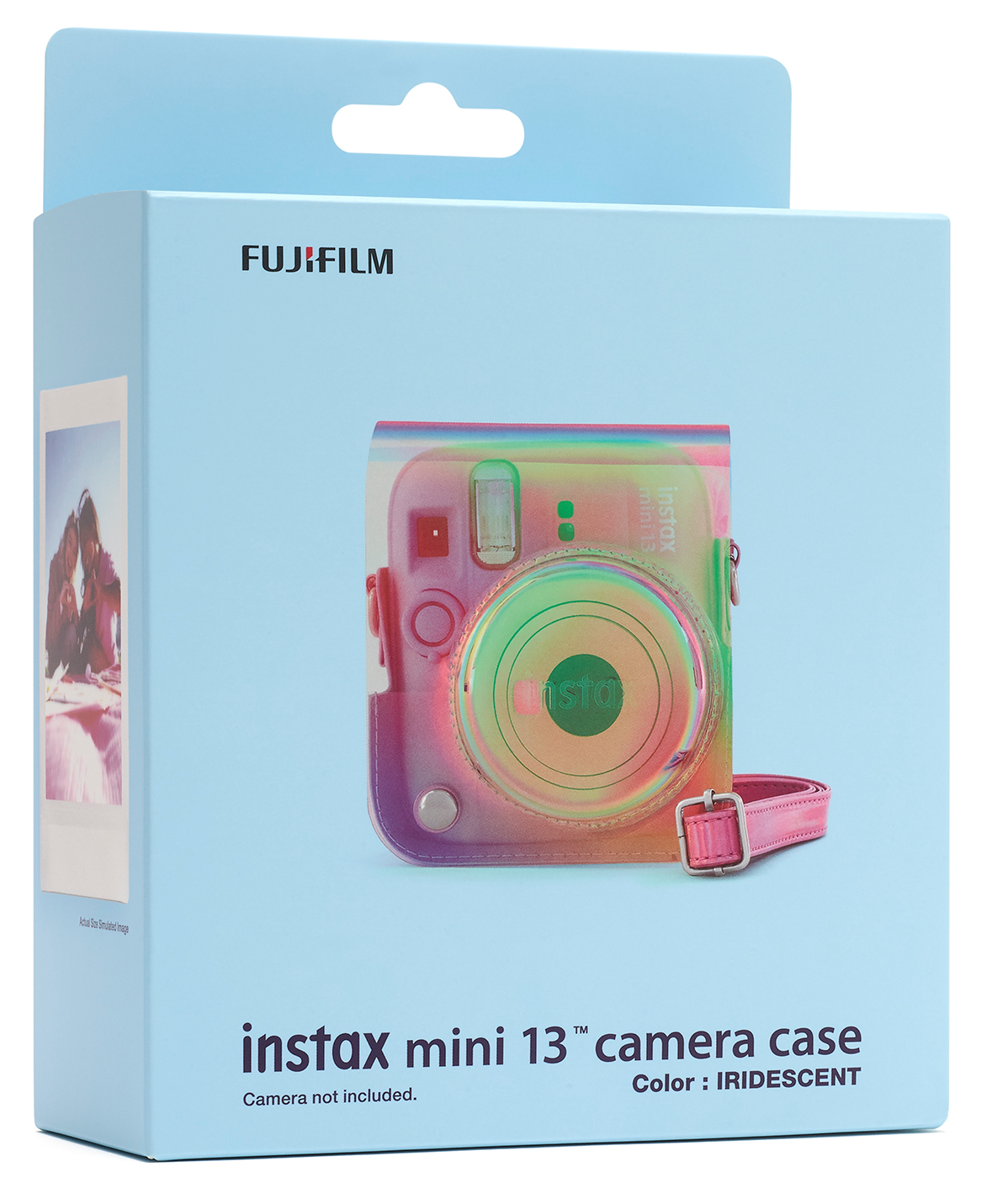 Világoskék doboz, amelyen egy irizáló tok képe látható az Instax Mini 13 fényképezőgéphez.