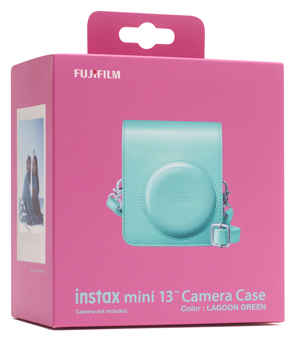 FUJIFILM Instax Mini 13 kameratartó, lagúna zöld, rózsaszín dobozon.