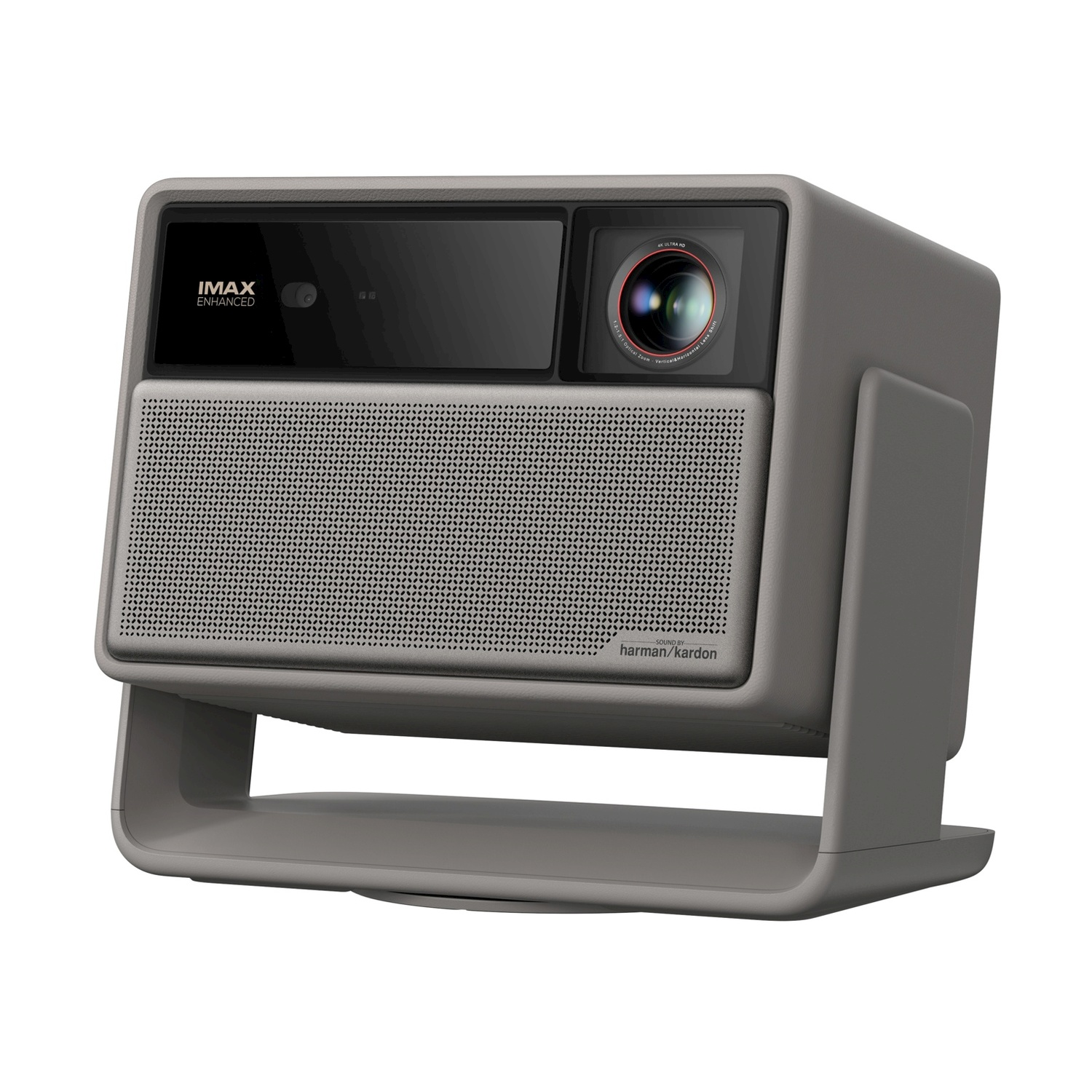 Proiettore grigio con IMAX Enhanced e altoparlanti Harman Kardon.