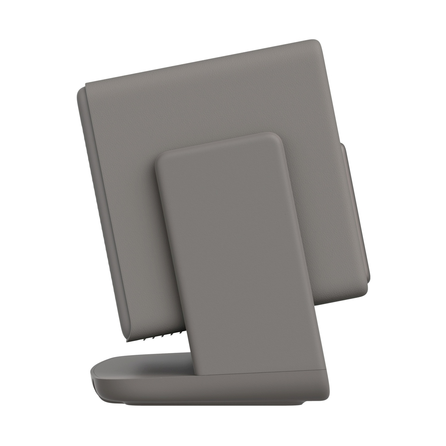 Tablet grigio con supporto, visto di lato, su sfondo bianco.