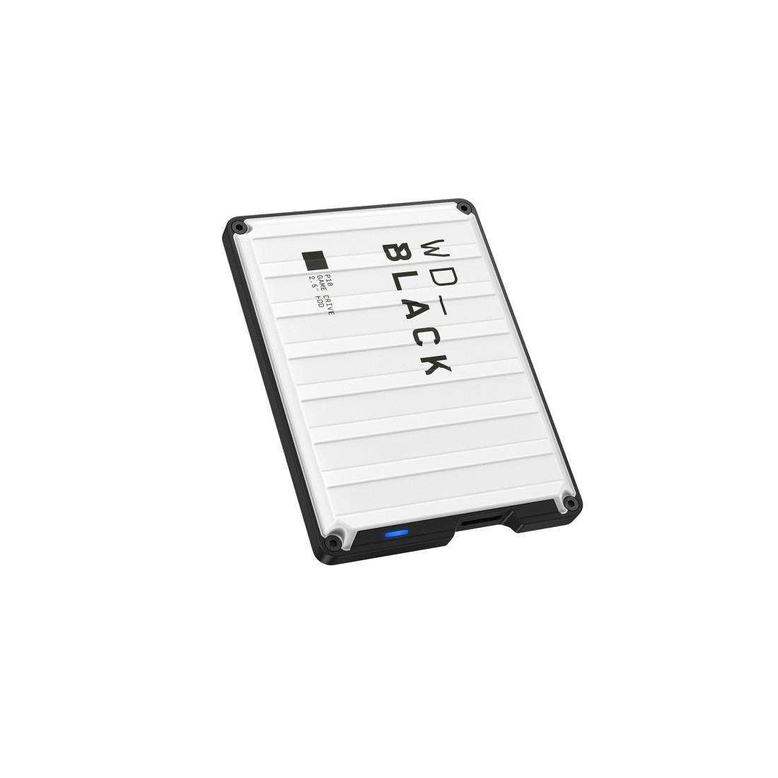 Eine weiße tragbare WD_BLACK Festplatte mit horizontalen Linien und blauem Licht.