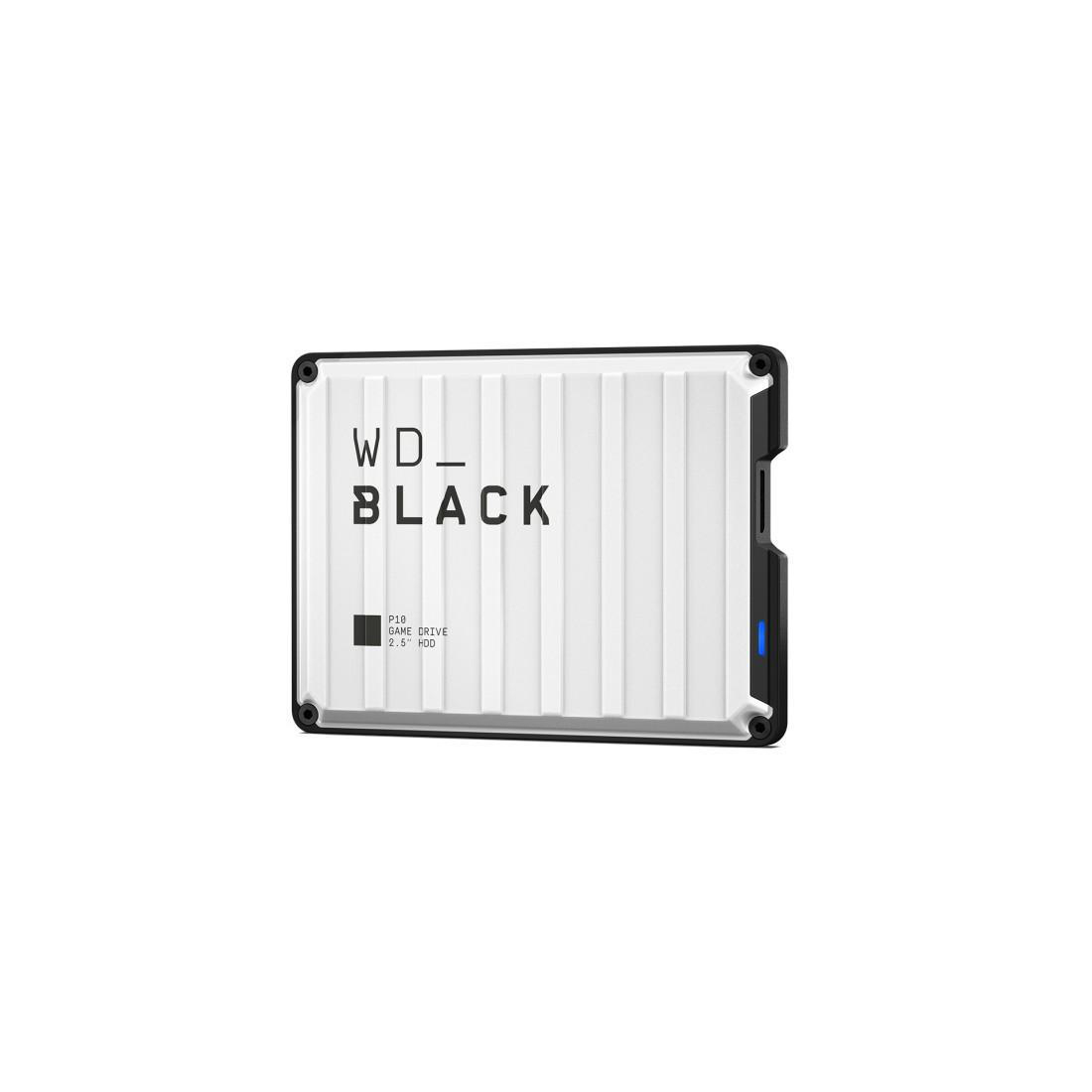 Ein weißes WD_BLACK P10 2,5-Zoll-Festplattenspieler mit blauem Licht.