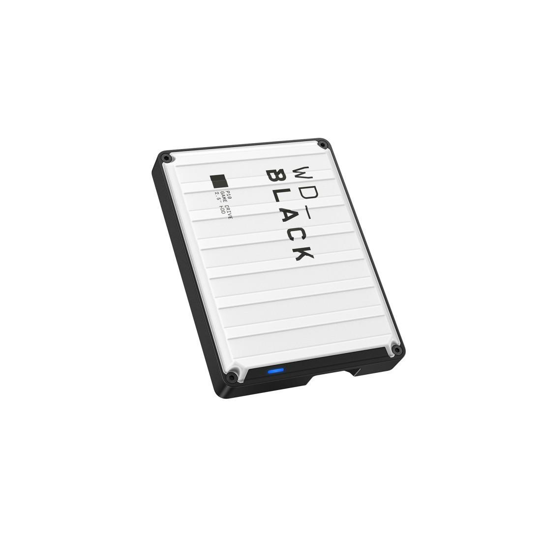 Eine weiße WD_BLACK P10 Game Drive 2,5-Zoll-HDD mit gerippter Textur und blauer LED.