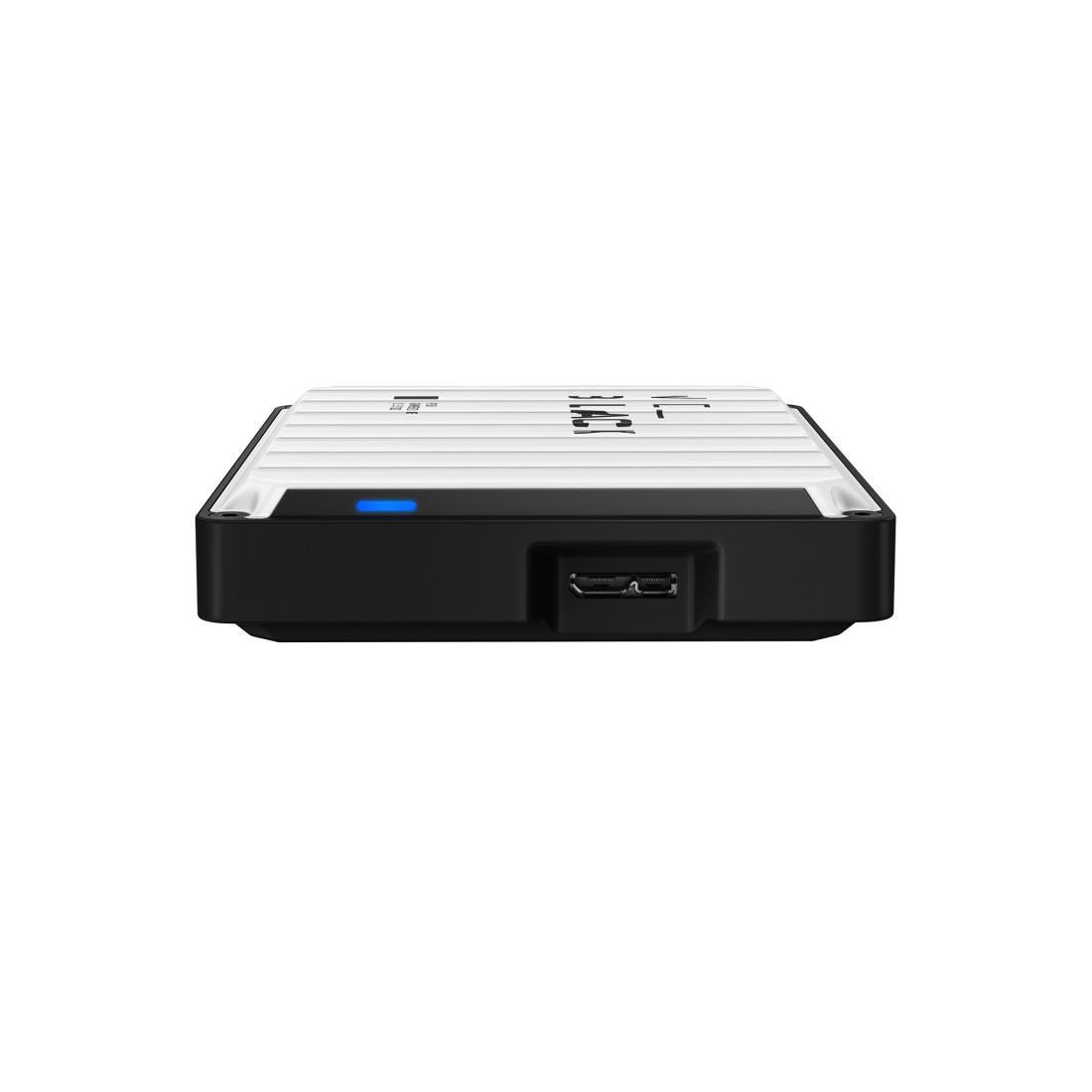 Ein schwarzes Rechteck mit gerippter weißer Oberseite, blauem Licht und USB-Anschluss.