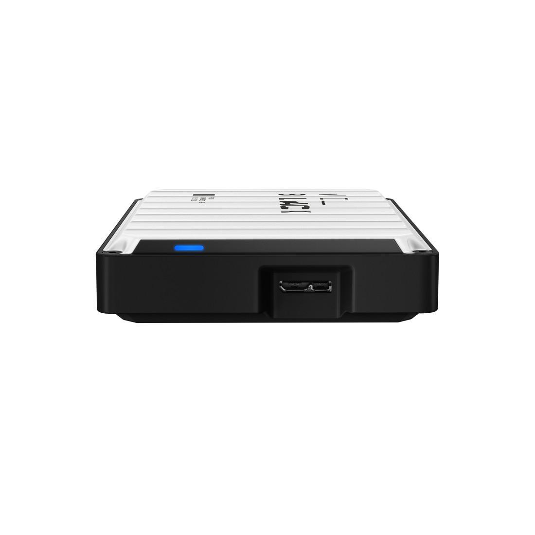 Ein schwarzes Gerät mit weißer Oberseite und einem blauen Licht. Ein USB-Anschluss ist sichtbar.