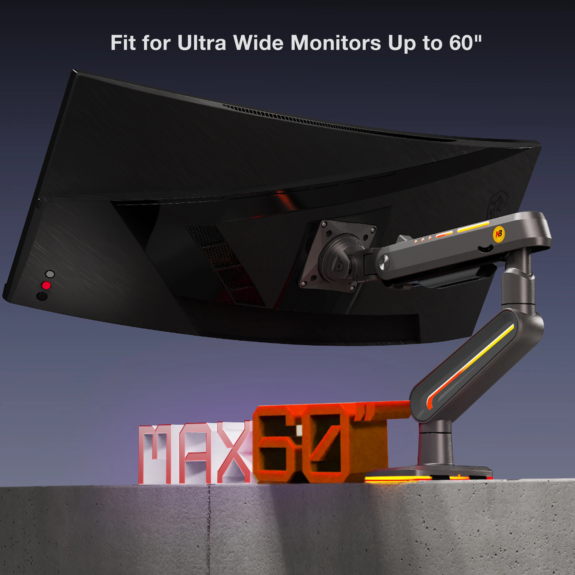 Bir monitör kolu, geniş siyah bir monitörü destekler, MAX 60.