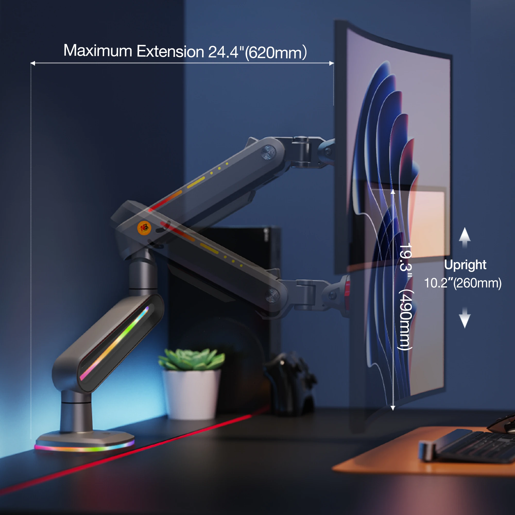24,4 inçe kadar uzanan RGB aydınlatmalı esnek monitör kolu.
