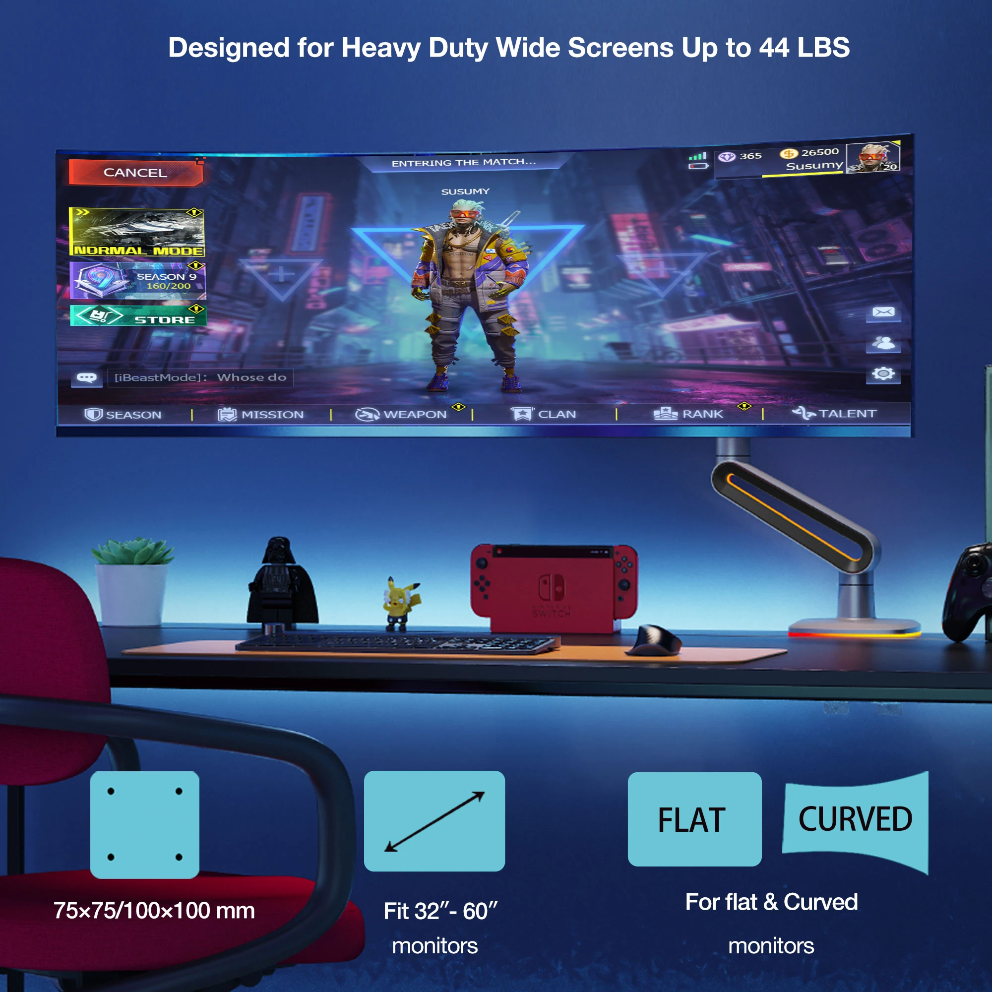 Bir ekranda karakterli oyun menüsü görünüyor. Altında Nintendo Switch ve figürler var.