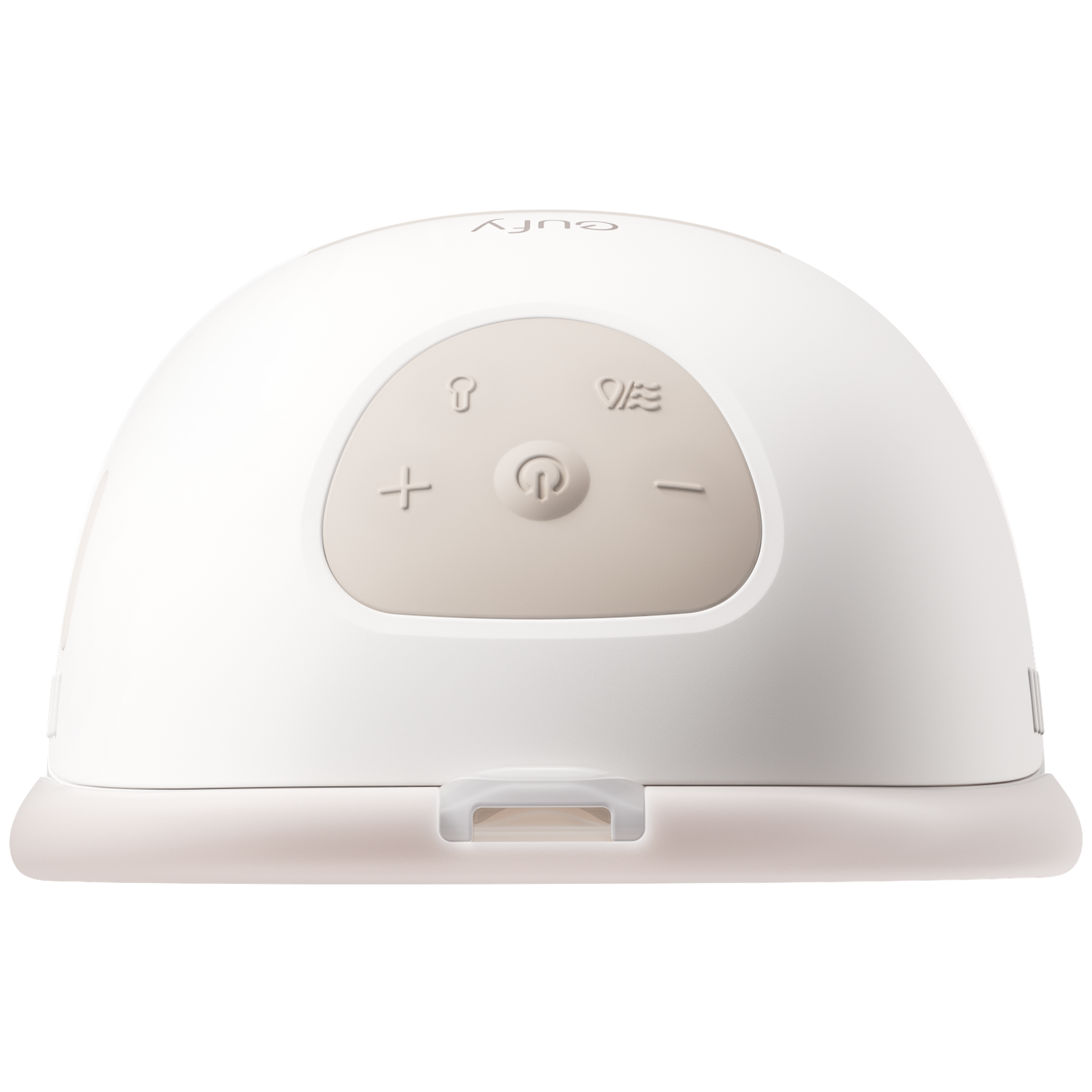 Een witte Eufy borstkolf met beige bedieningspaneel en aan/uitknop.
