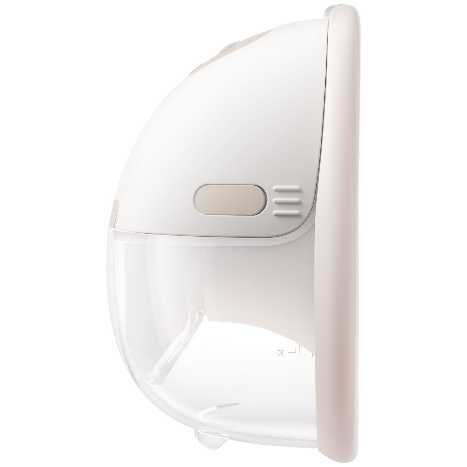 Een witte en beige borstkolf met een doorzichtig reservoir. Zijaanzicht.