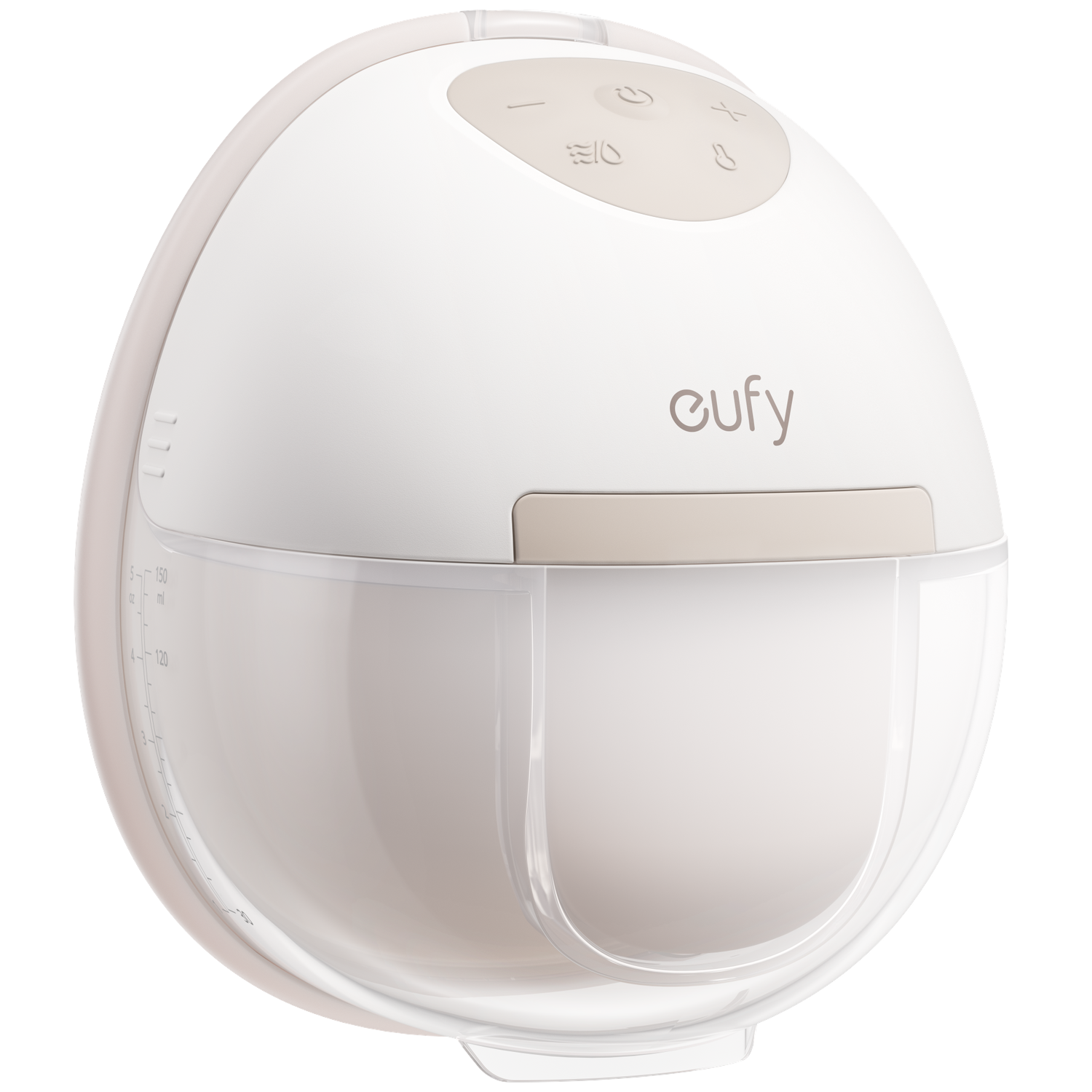 Een witte Eufy borstkolf container met maataanduidingen in ounces en milliliters.