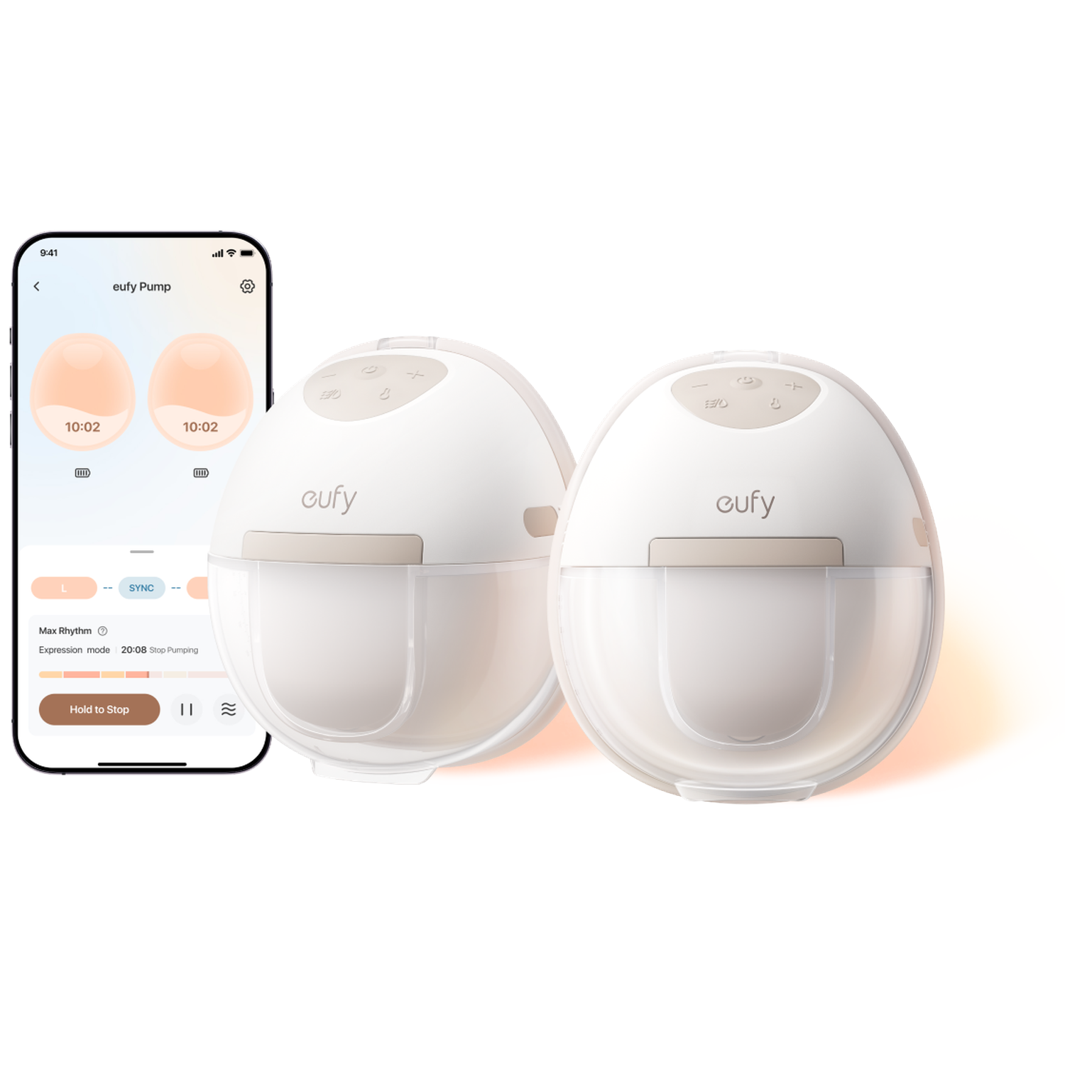 Twee witte Eufy borstkolven en een smartphone met de Eufy Pump app.