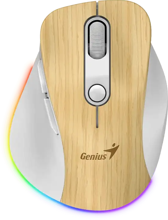 GENIUS Ergo 9000S Pro vezeték nélküli mini egér, max 2400 dpi, BT + 2,4GHz, RGB, fehér-fenyő (31030039407)