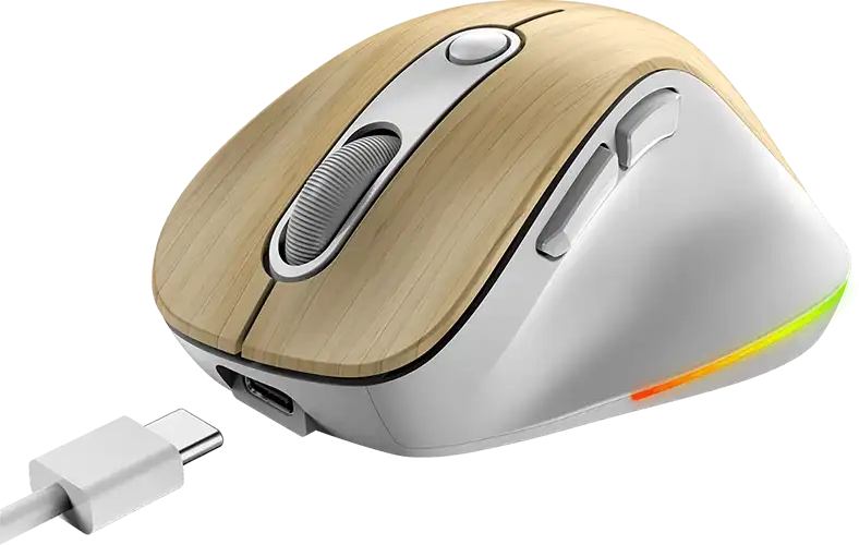 Egy fa és fehér számítógépes egér USB-C kábellel és RGB világítással.