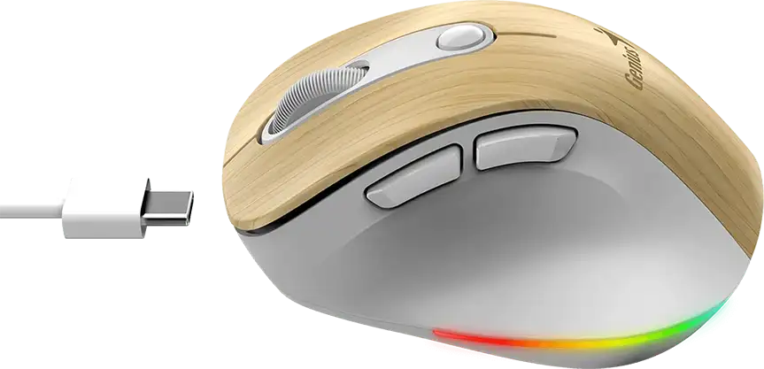 Fa erezetű számítógépes egér USB-C kábellel, világítással.