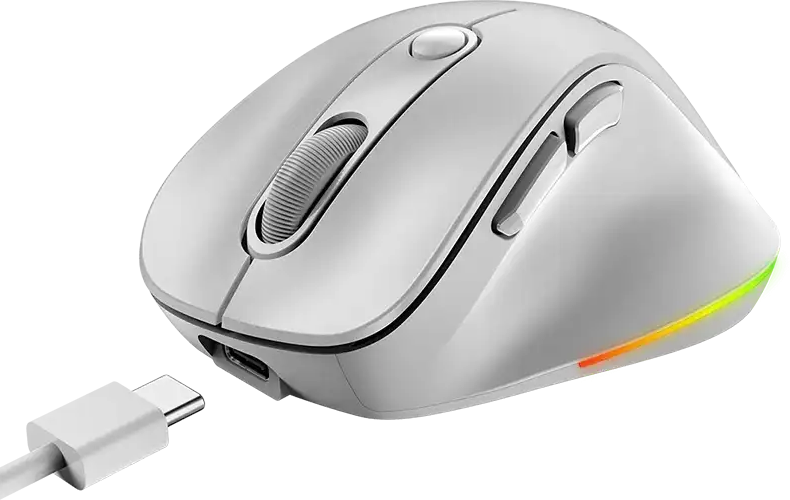 Fehér gamer egér RGB világítással és USB-C kábellel.