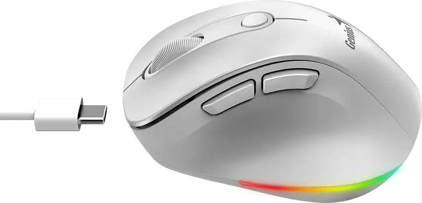Fehér számítógépes egér USB-C kábellel és színes LED talppal.