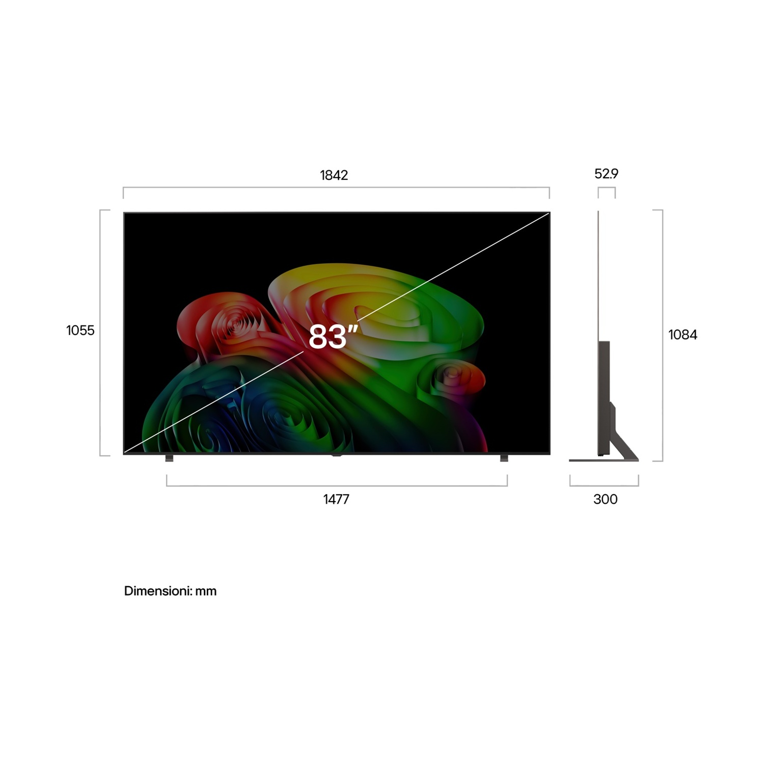 Un TV da 83 pollici con grafica astratta colorata e dimensioni.
