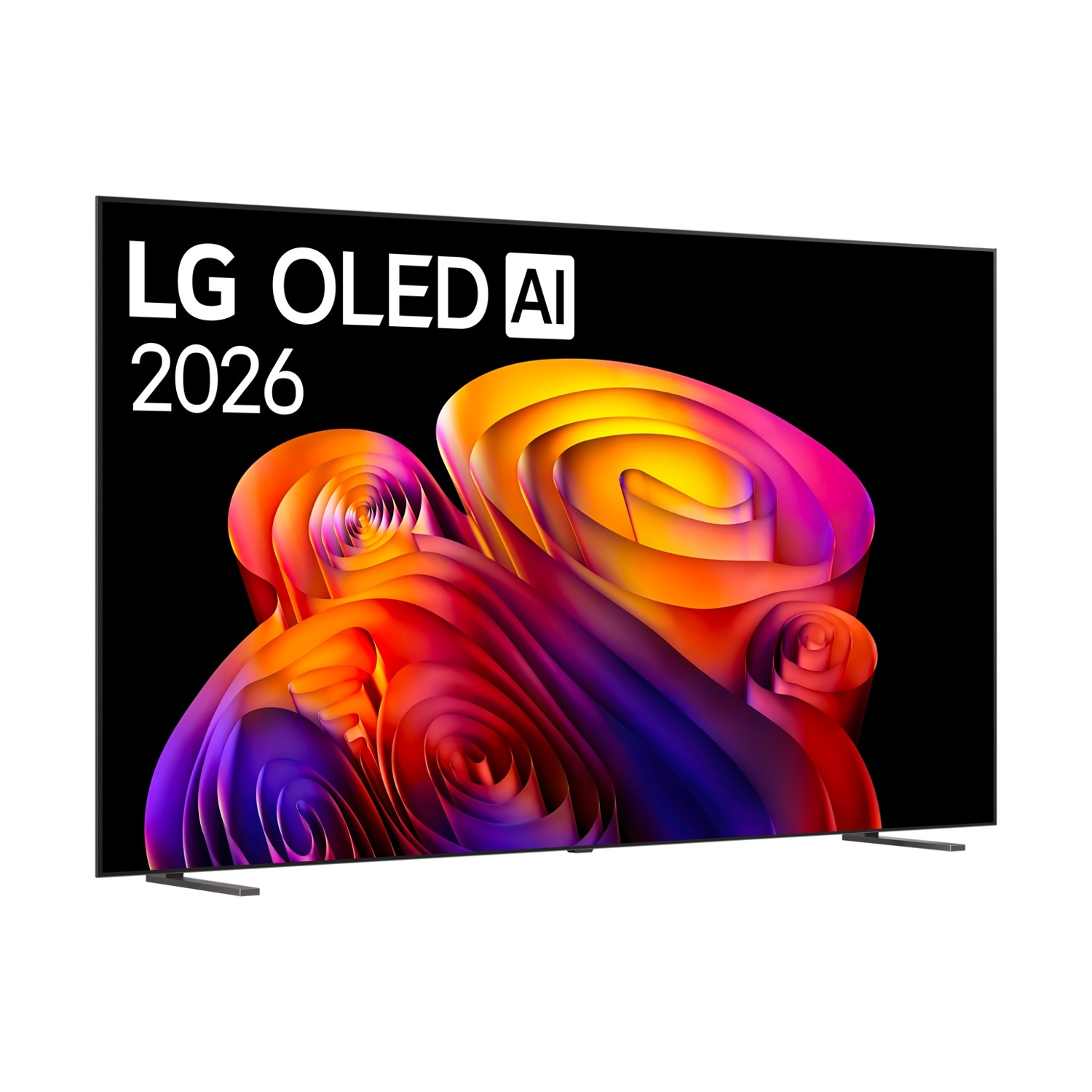 TV LG OLED AI 2026 con grafica vibrante vorticosa arancione, rosa e viola su sfondo nero.