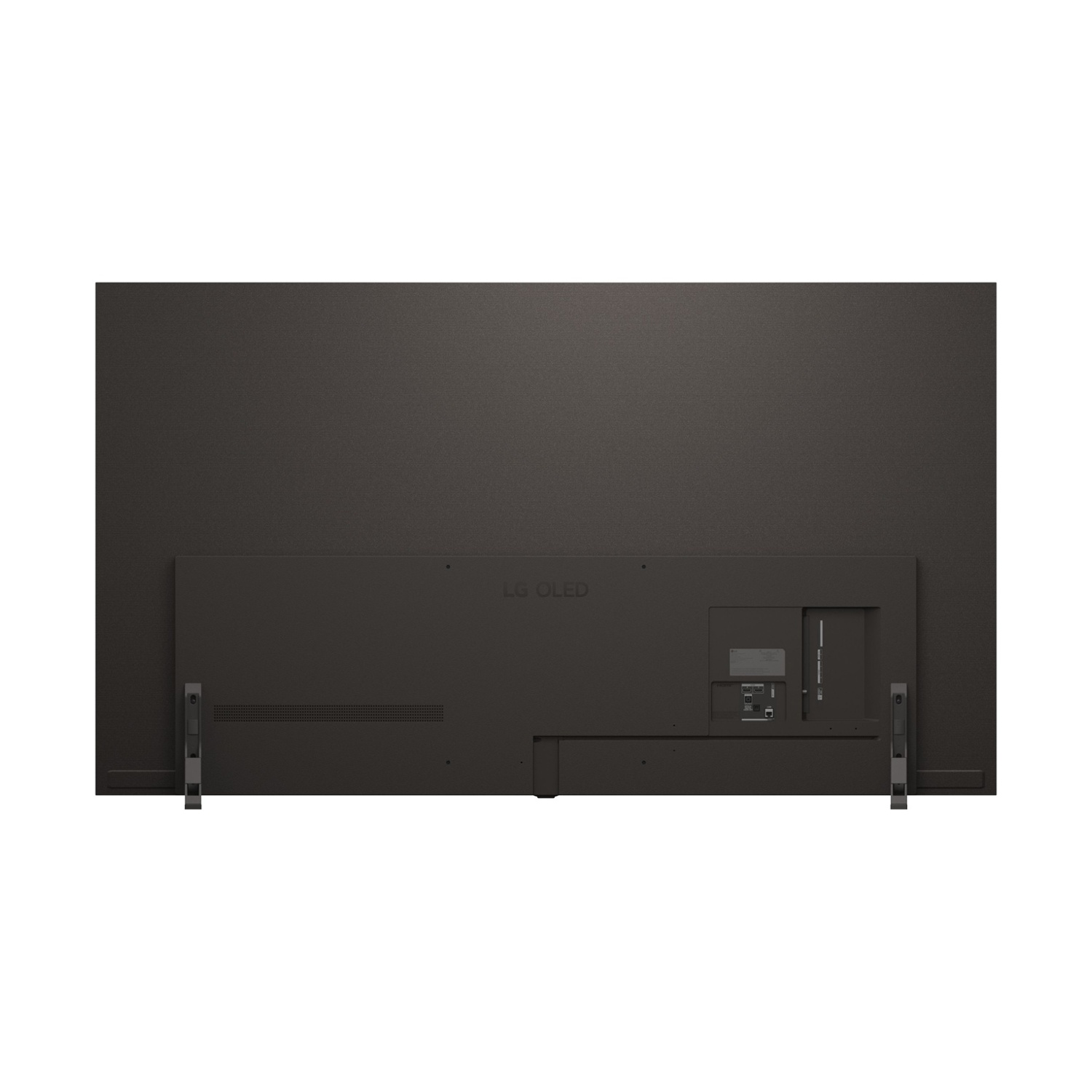 Retro di un TV LG OLED scuro, con porte e piedini visibili.
