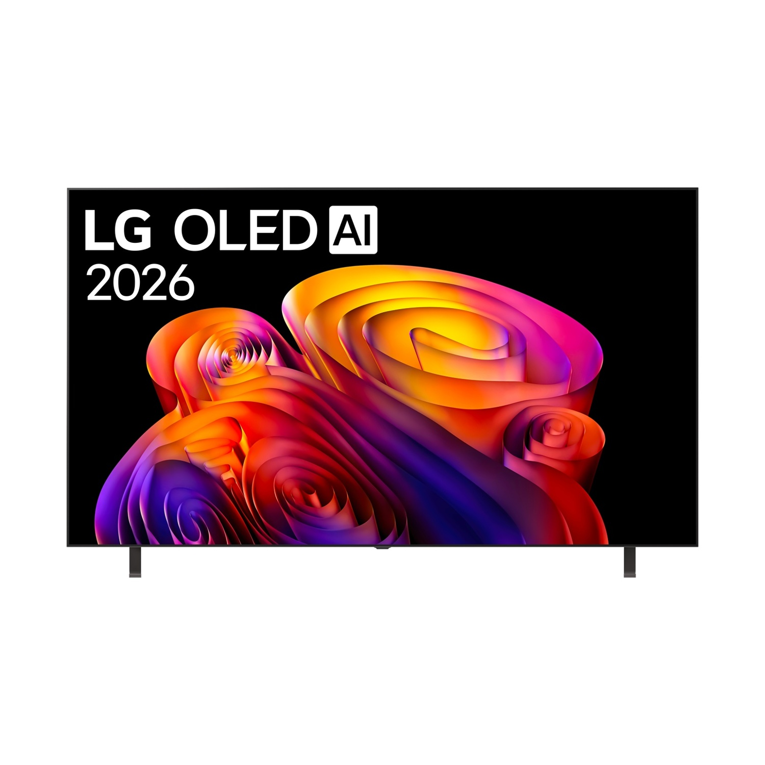 Una TV LG OLED AI 2026 con uno sfondo astratto e colorato.