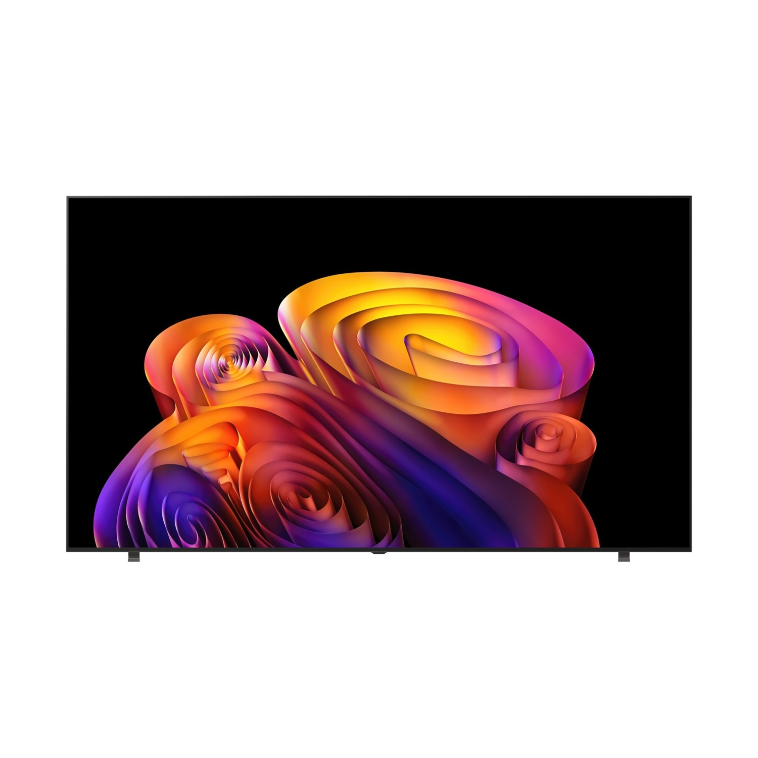 Un televisore mostra un motivo astratto e vorticoso nei toni dell'arancione, viola e giallo.