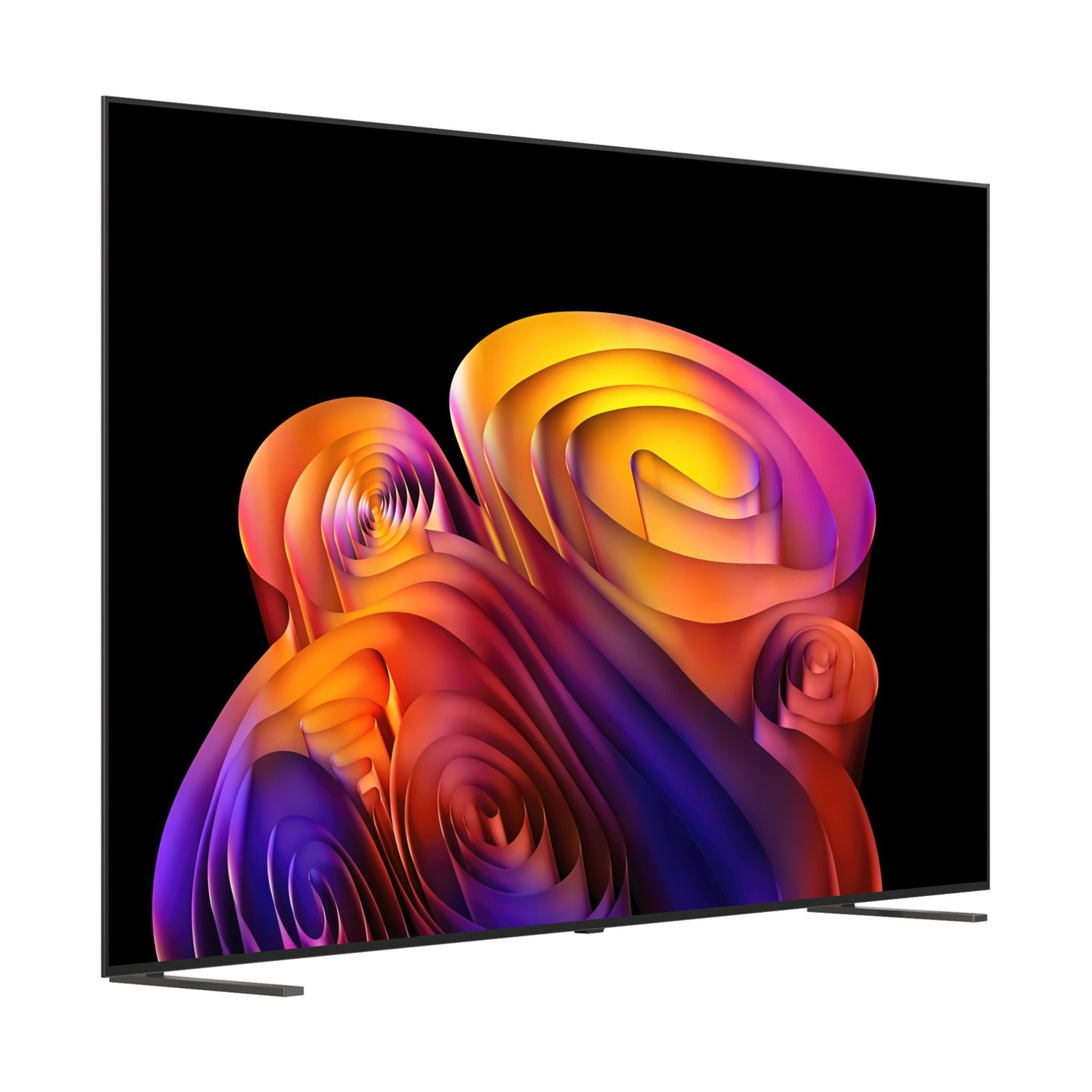 Una moderna TV a schermo piatto che mostra uno sfondo astratto e vibrante nei toni dell'arancione, viola e giallo.