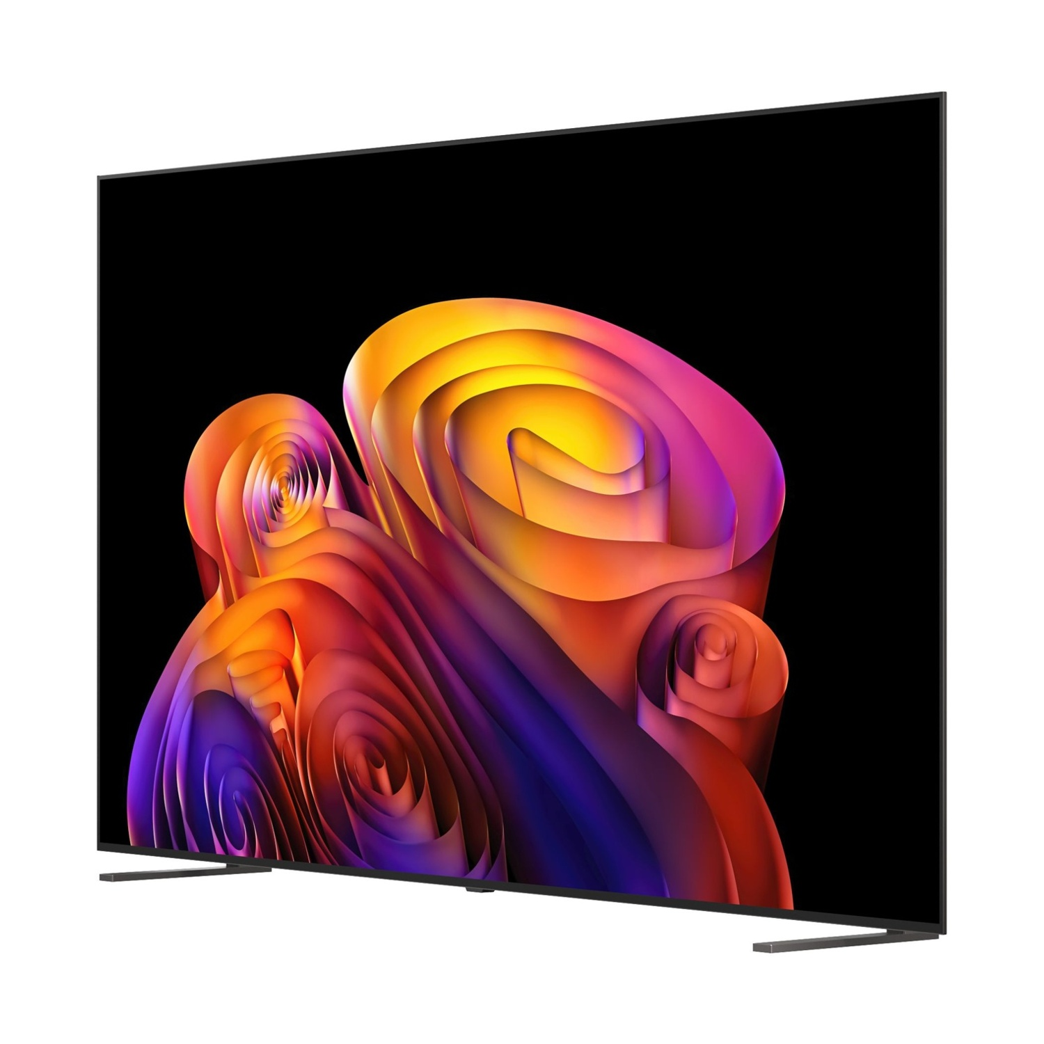 Un televisore moderno che visualizza un screensaver astratto e colorato.