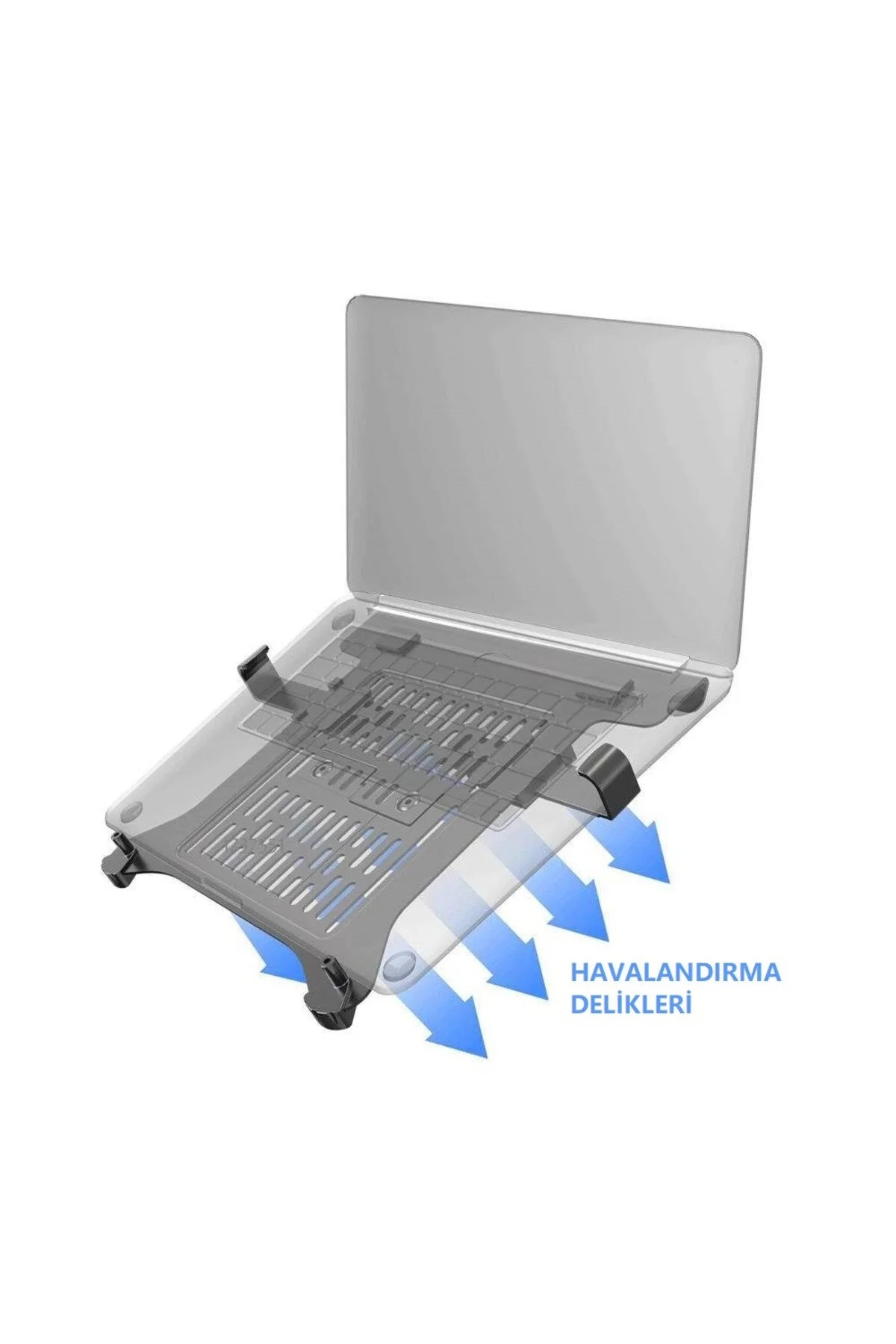 Havalandırma delikli laptop standı ve hava akışını gösteren mavi oklar.