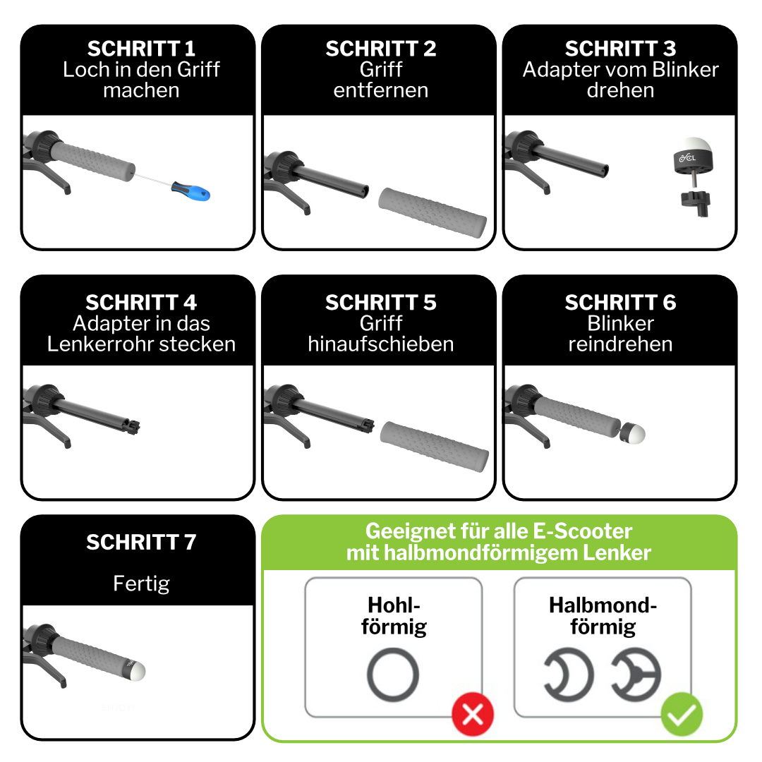 Schritt-für-Schritt-Anleitung zur Montage eines Blinkers an einem E-Scooter-Lenker.