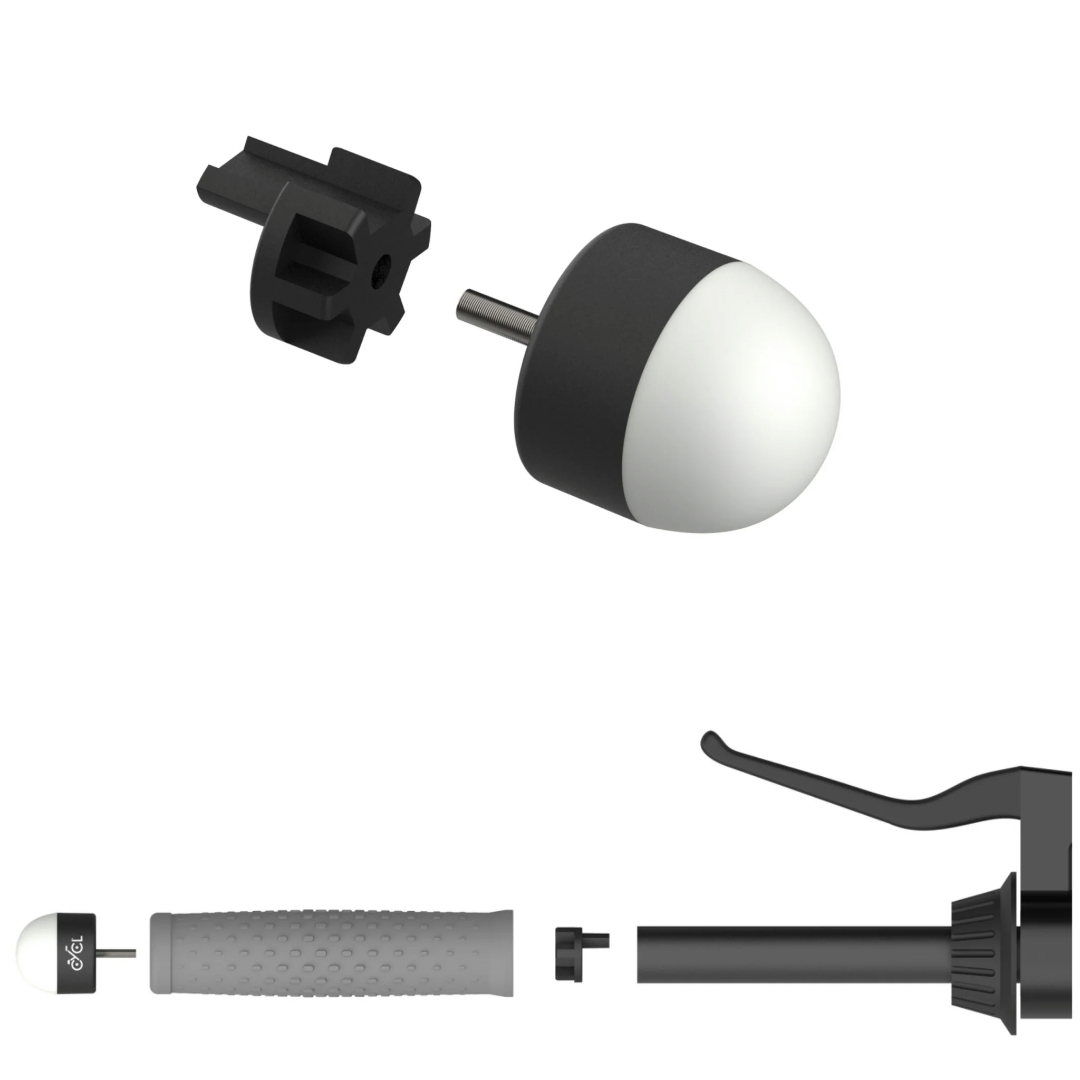 Teile eines Lenkers mit Griff, Knopf und Hebel auf weißem Hintergrund.