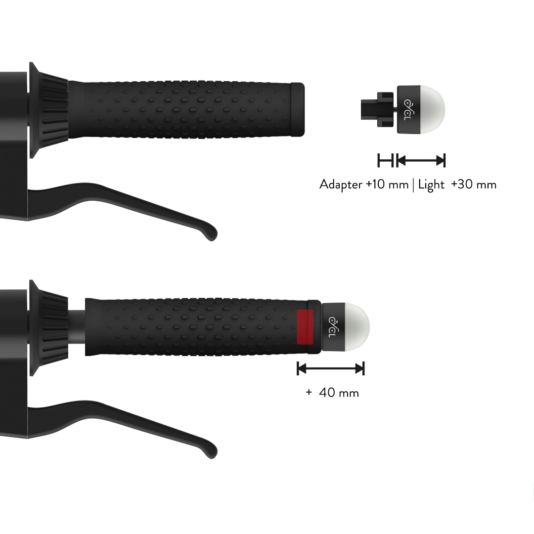 Ein Fahrradgriff mit Adapter und Leuchte, daneben ein Griff mit Anzeiger.